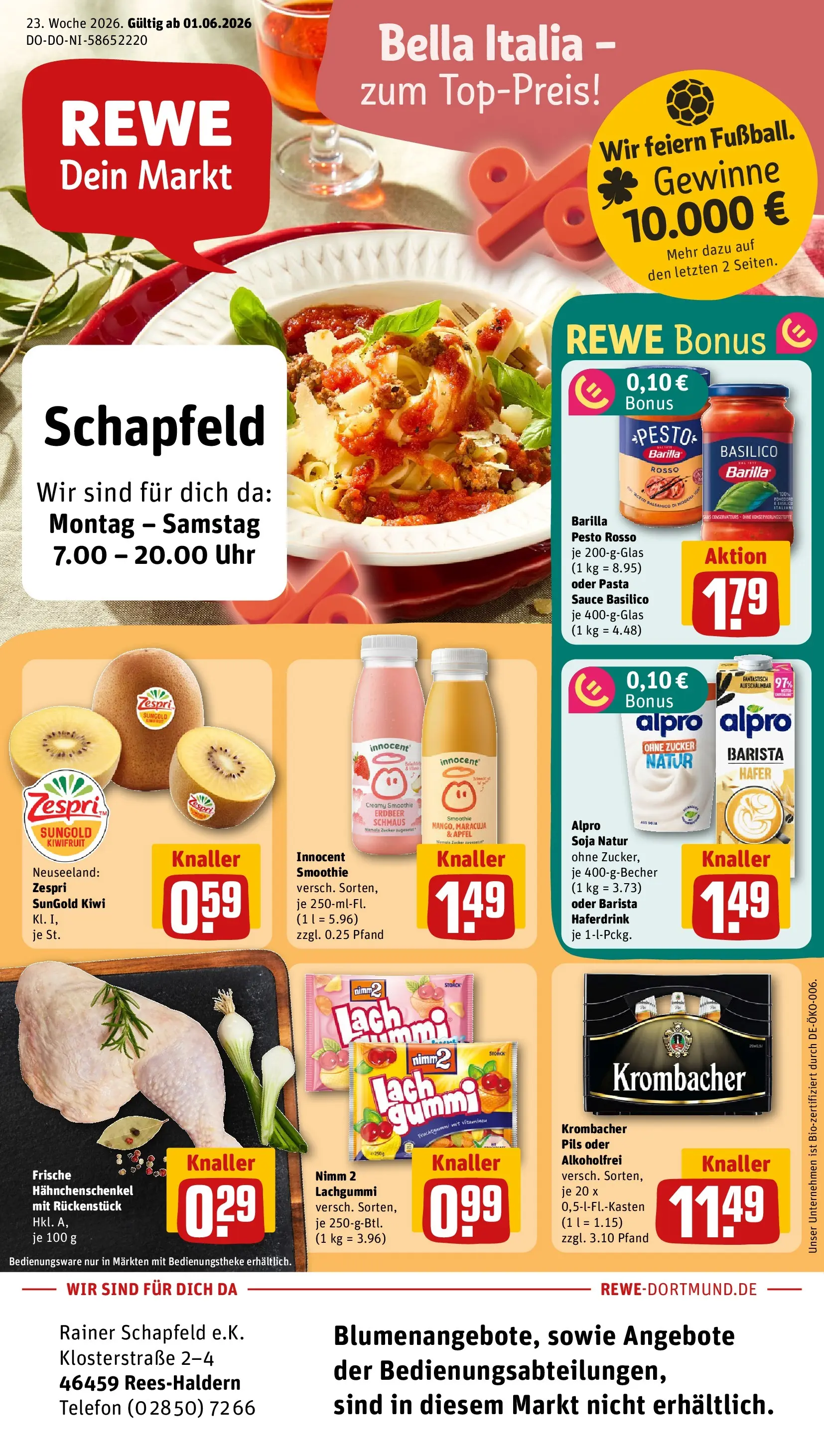 REWE Prospekt ab 01.06.2026 zum Blättern » Angebote | Seite: 1 | Produkte: Barilla pesto, Pils, Äpfel, Uhr