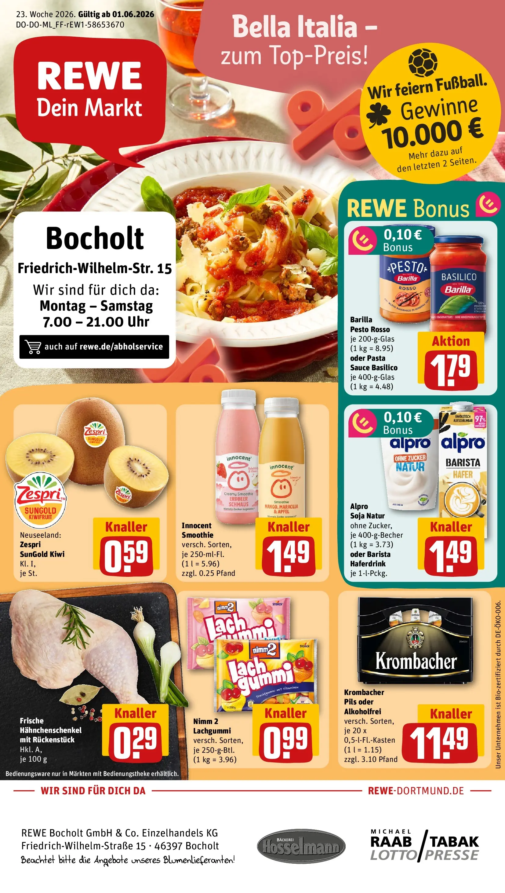 REWE Prospekt ab 01.06.2026 zum Blättern » Angebote | Seite: 1 | Produkte: Bäckerei, Hahnchenschenkel, Barilla, Barilla pesto