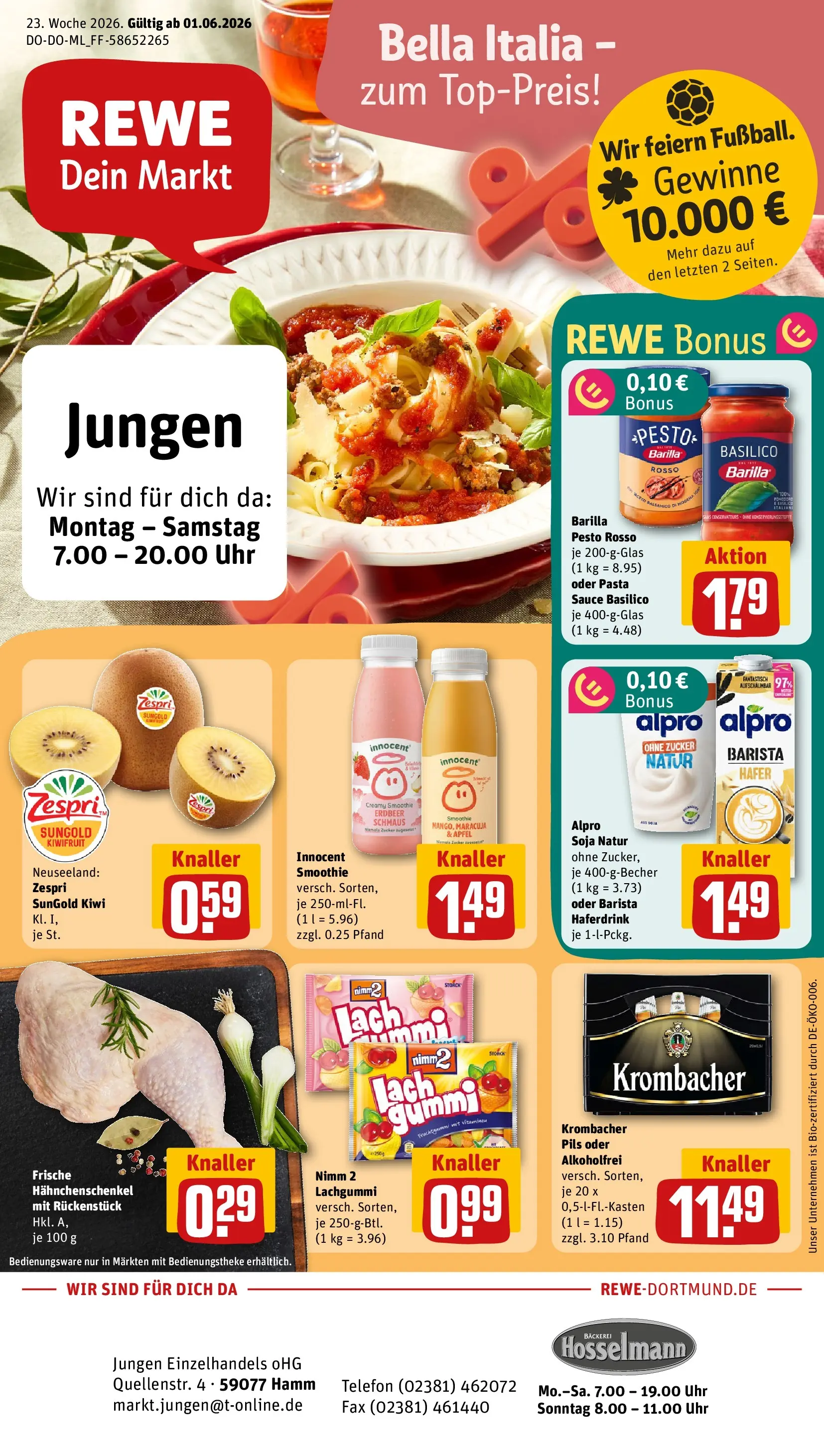REWE Prospekt ab 01.06.2026 zum Blättern » Angebote | Seite: 1 | Produkte: Bäckerei, Hahnchenschenkel, Pils, Krombacher