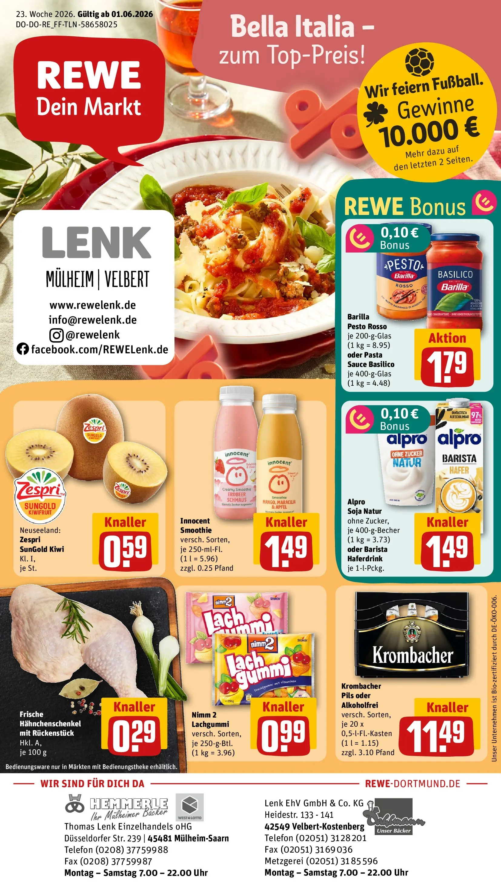 REWE Prospekt ab 01.06.2026 zum Blättern » Angebote | Seite: 1 | Produkte: Hahnchenschenkel, Barilla pesto, Zucker, Uhr
