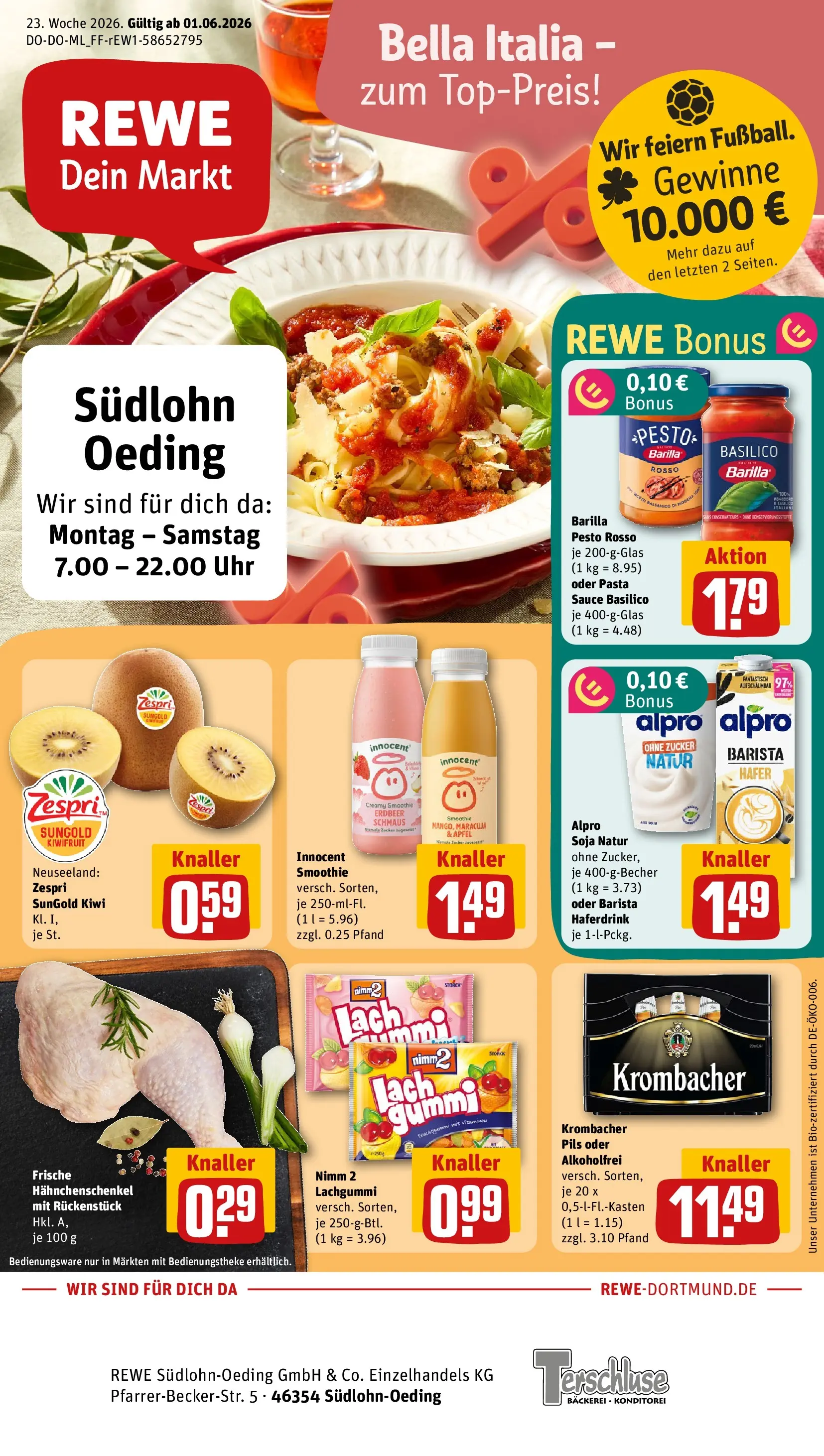 REWE Prospekt ab 01.06.2026 zum Blättern » Angebote | Seite: 1 | Produkte: Hahnchenschenkel, Äpfel, Alpro, Kiwi
