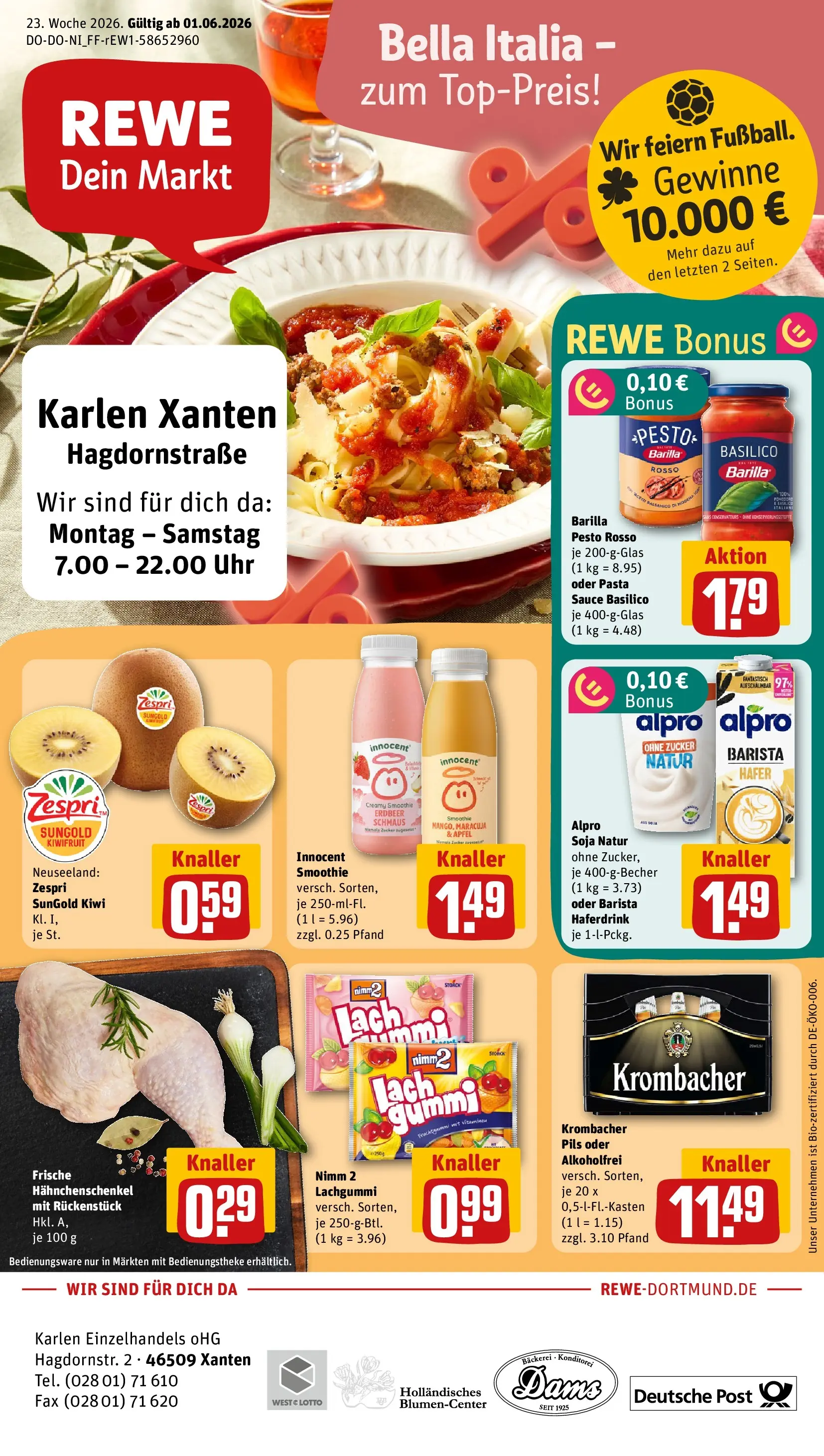 REWE Prospekt ab 01.06.2026 zum Blättern » Angebote | Seite: 1 | Produkte: Bäckerei, Hahnchenschenkel, Pils, Pasta