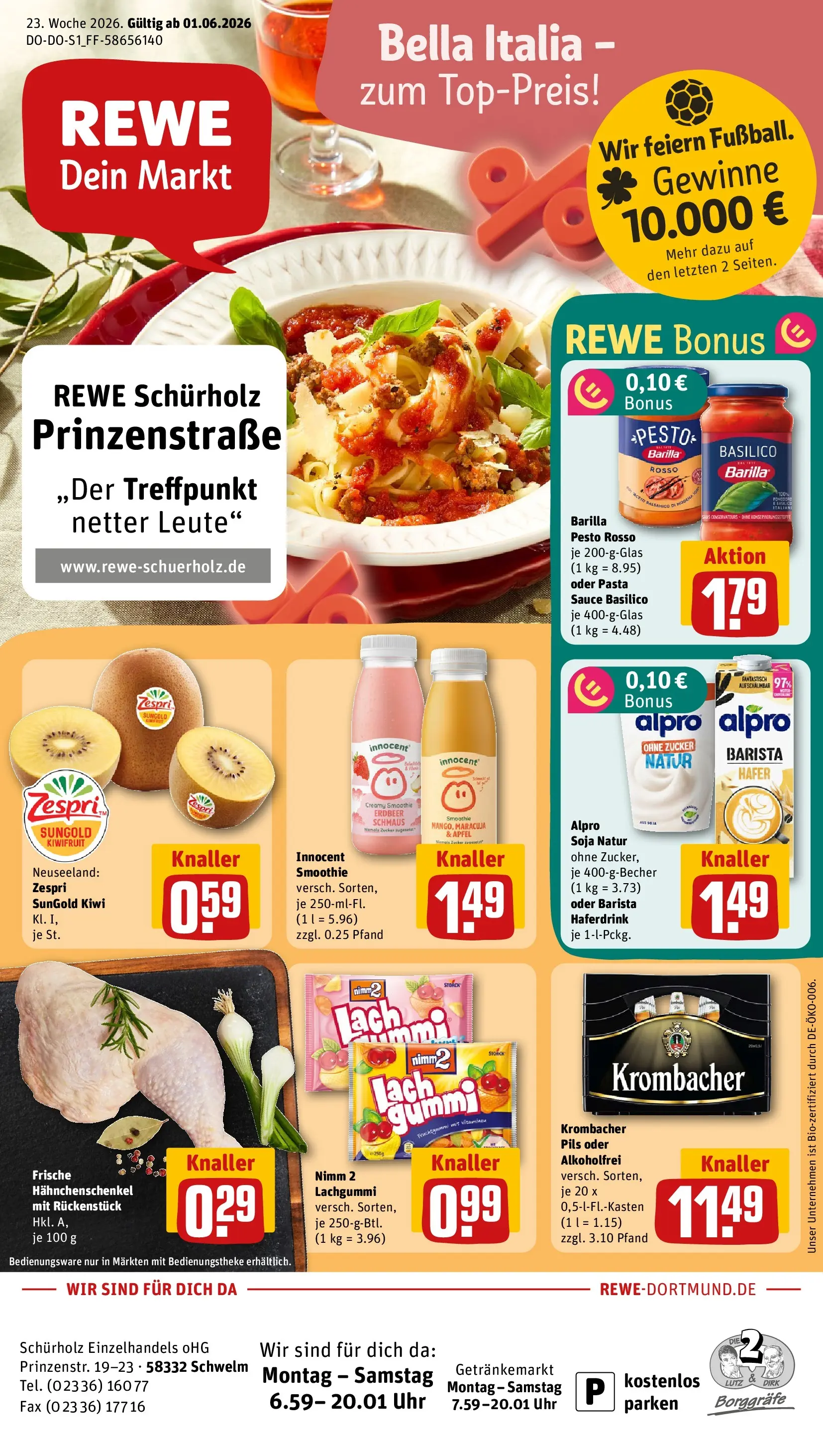 REWE Prospekt ab 01.06.2026 zum Blättern » Angebote | Seite: 1 | Produkte: Hahnchenschenkel, Barilla pesto, Pils, Äpfel
