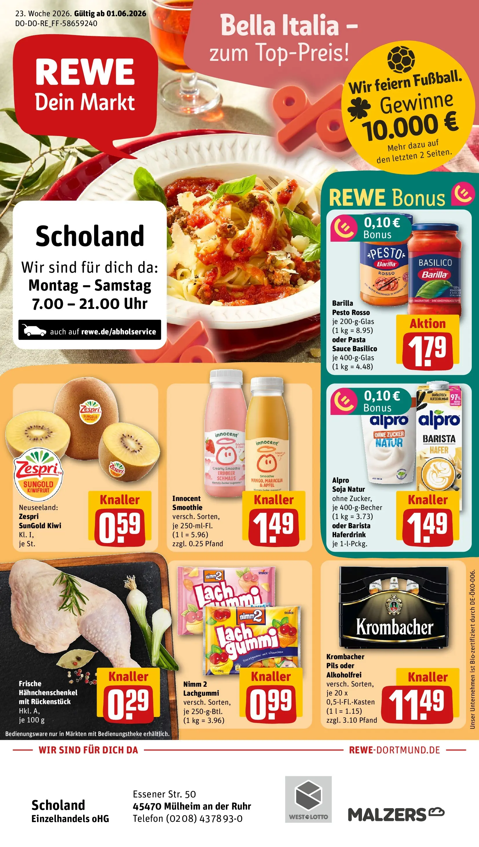 REWE Prospekt ab 01.06.2026 zum Blättern » Angebote | Seite: 1 | Produkte: Barilla pesto, Krombacher, Kiwi, Uhr
