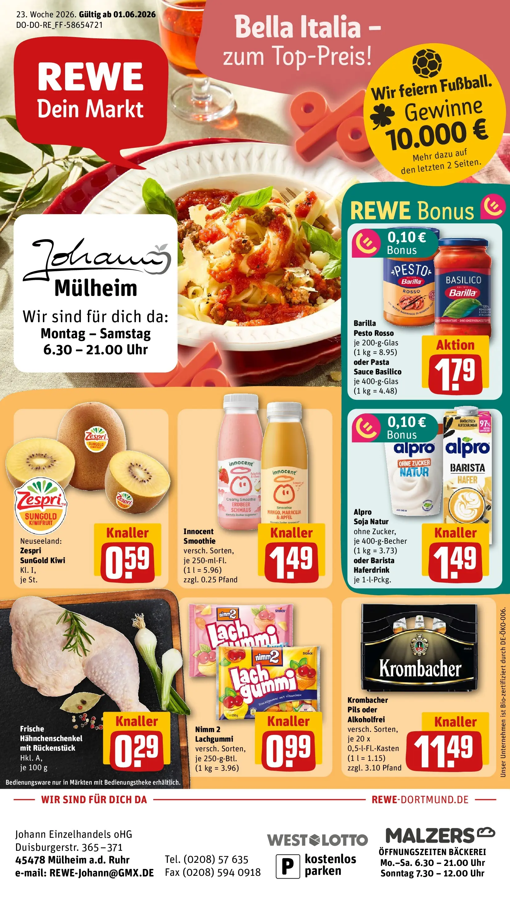 REWE Prospekt ab 01.06.2026 zum Blättern » Angebote | Seite: 1 | Produkte: Bäckerei, Pils, Zucker, Krombacher