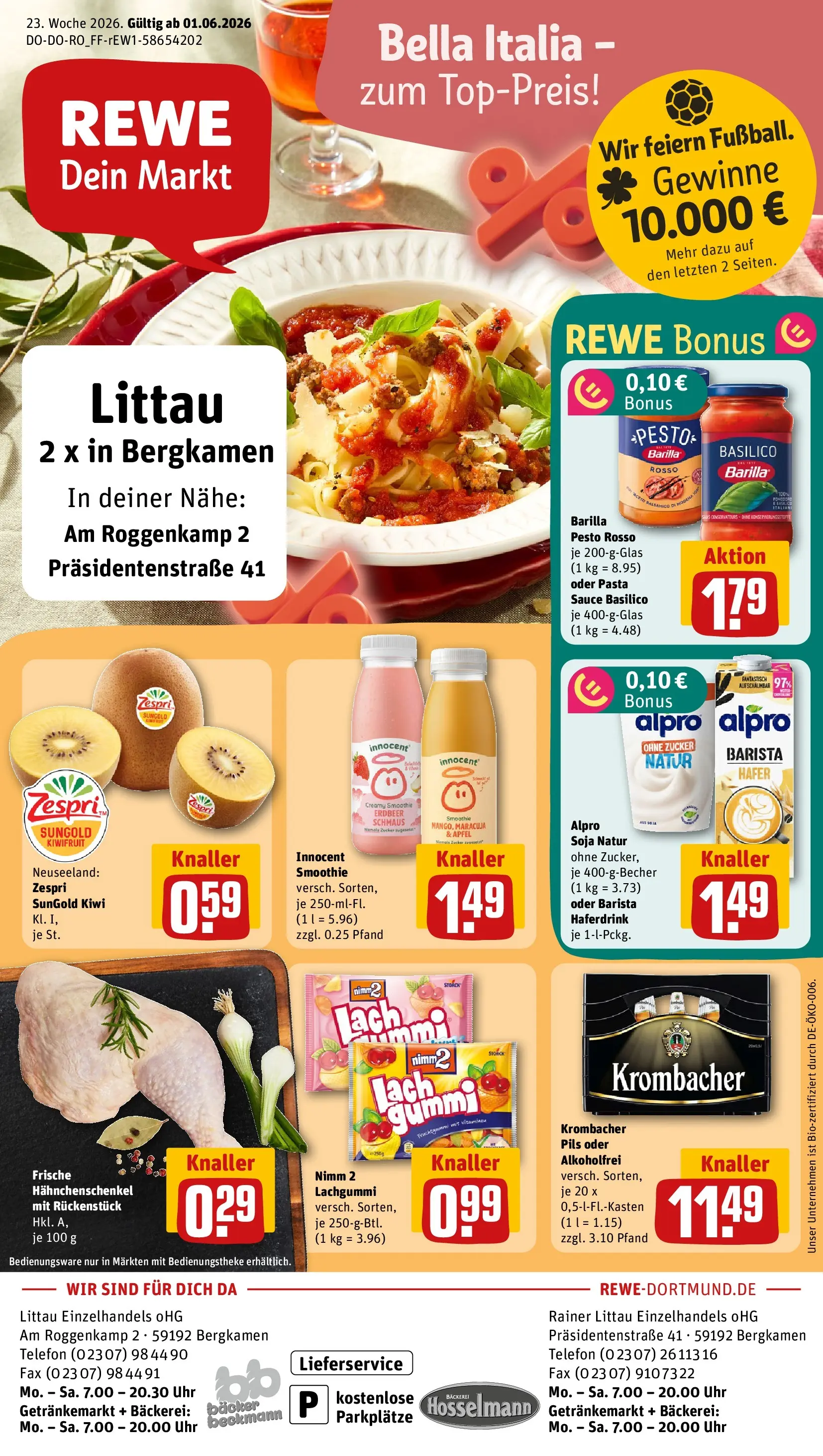 REWE Prospekt ab 01.06.2026 zum Blättern » Angebote | Seite: 1 | Produkte: Hahnchenschenkel, Barilla, Barilla pesto, Pils