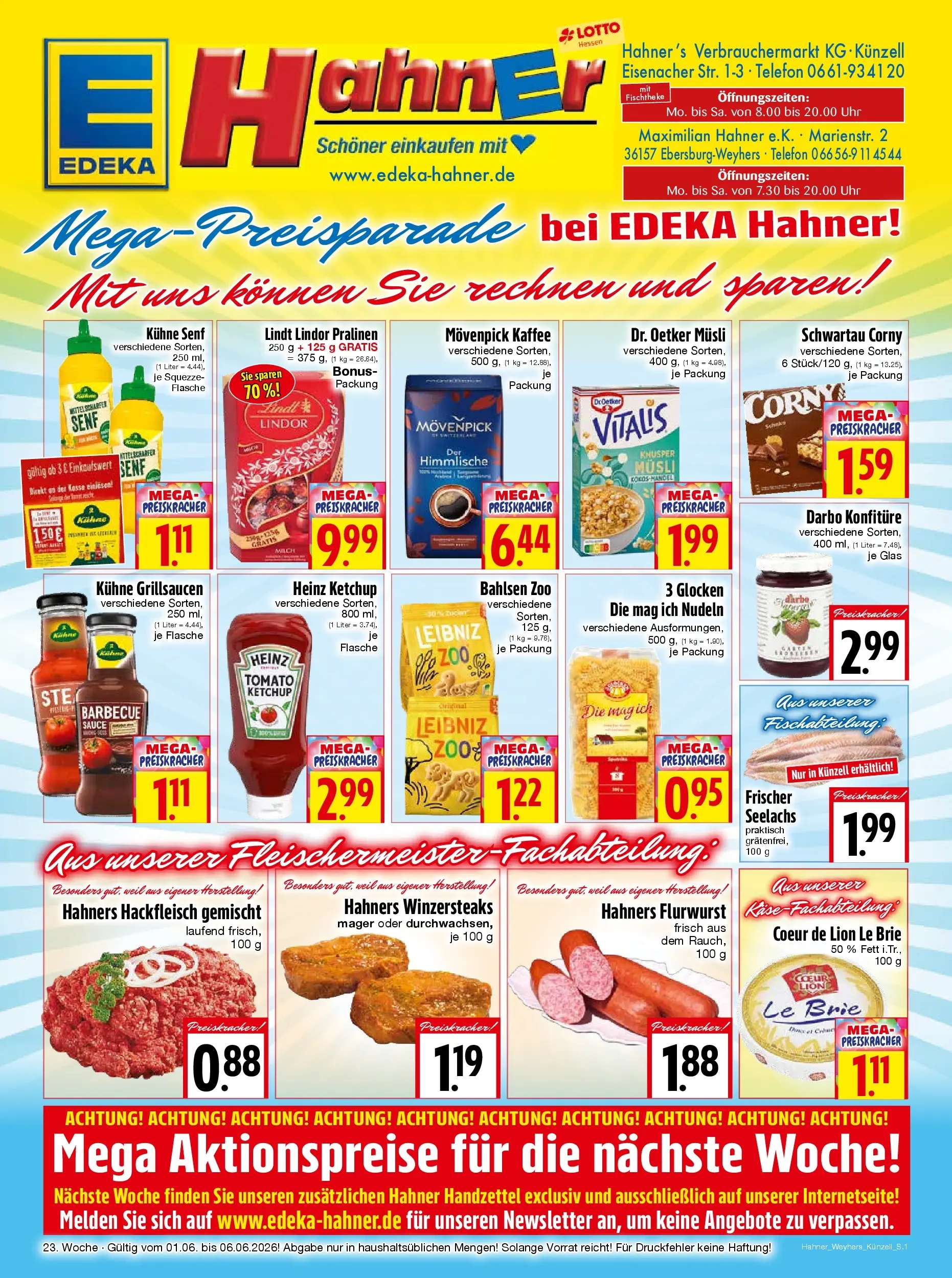 Angebote - Edeka Hahner: Wochenangebote (ab 31.05.2026) zum Blättern | Seite: 1 | Produkte: Musli, Käse, Lindt, Telefon
