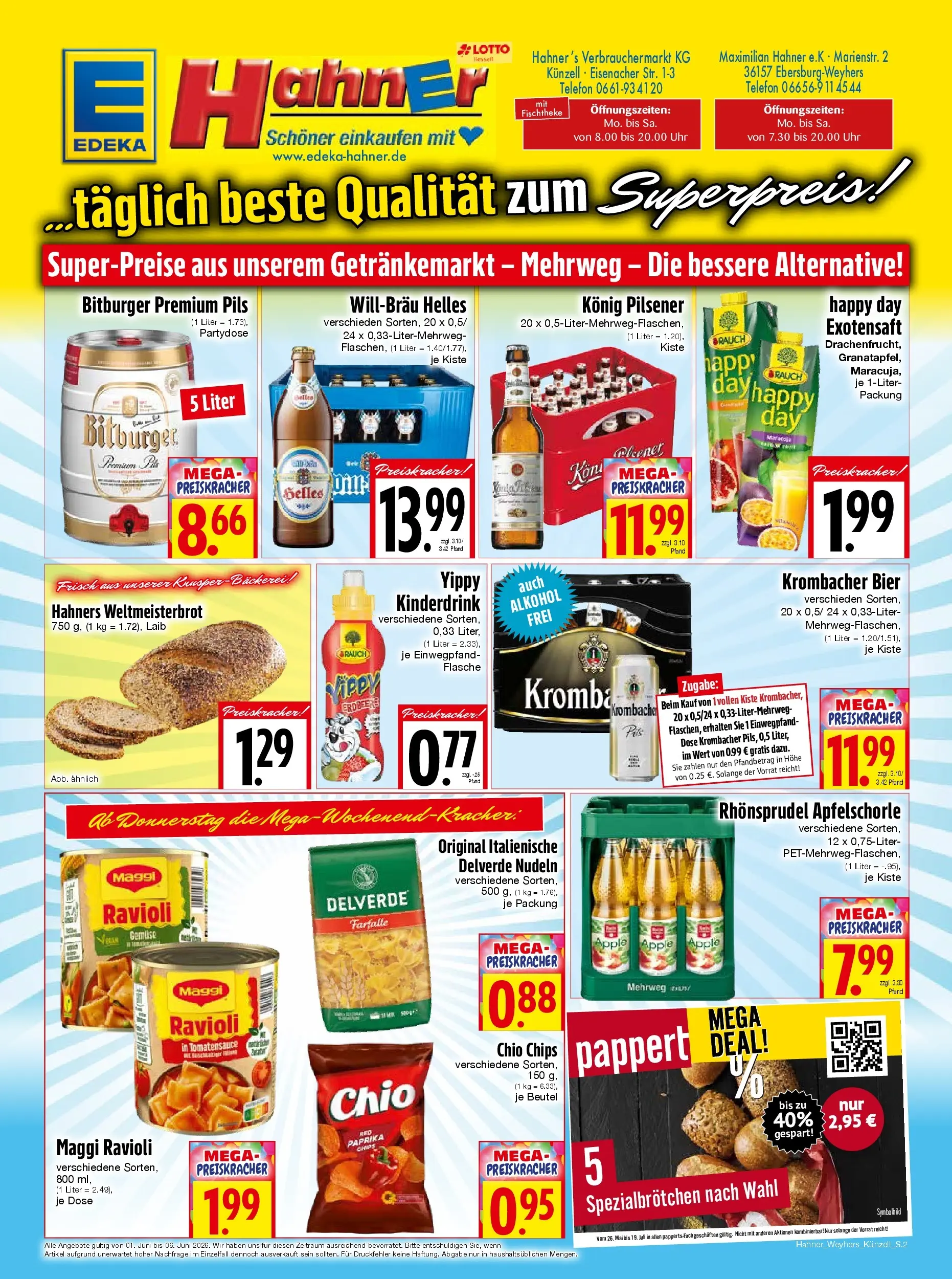 Angebote - Edeka Hahner: Wochenangebote (ab 31.05.2026) zum Blättern | Seite: 2 | Produkte: Konig pilsener, Apple, Gemüse, Krombacher
