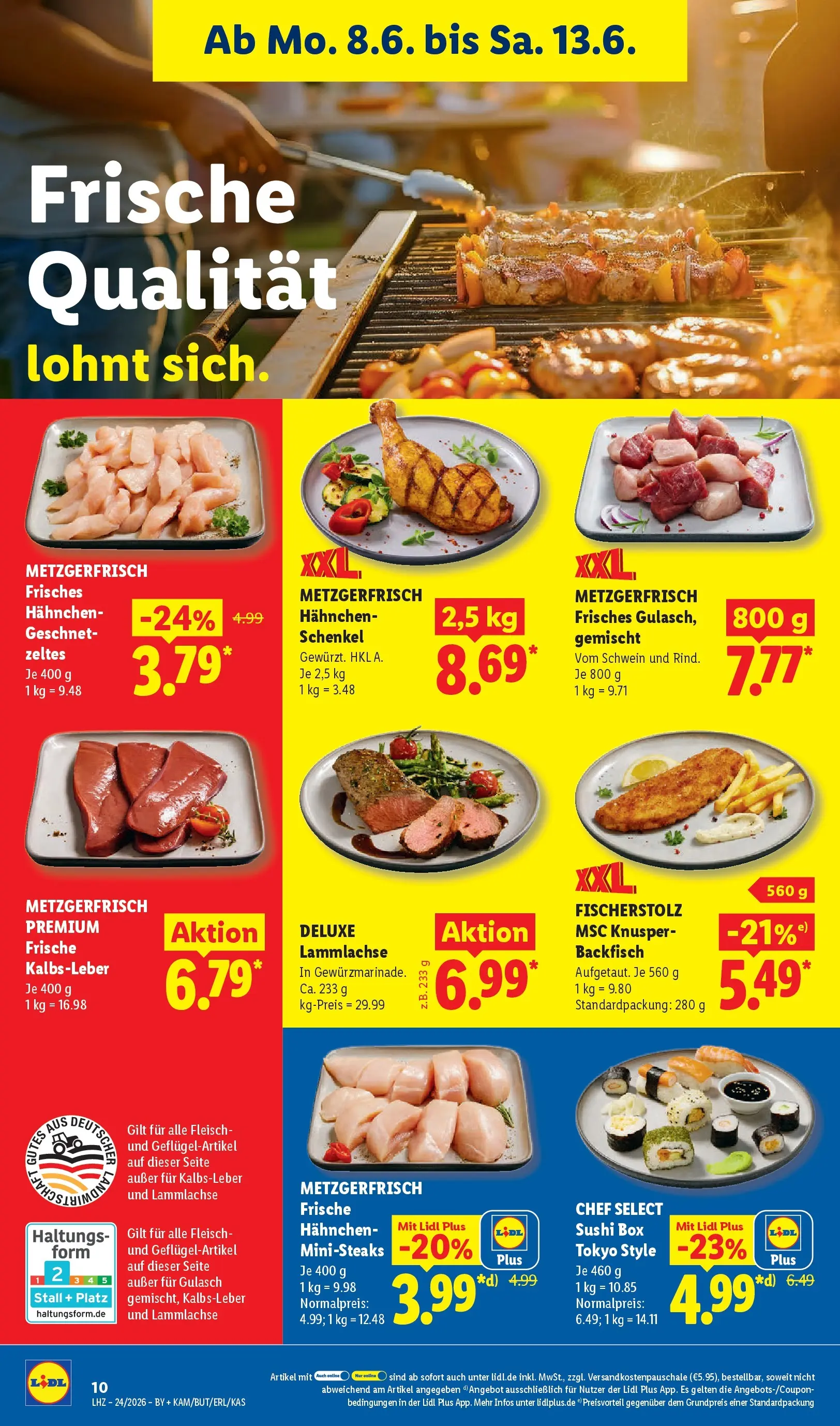 Lidl Prospekt Künzell (ab 07.06.2026) » Angebote online | Seite: 22 | Produkte: Hahnchen, Kalbsleber, Gulasch, Fleisch Lidl Prospekt Künzell (ab 07.06.2026) zum Blättern » Angebote | Seite: 22 | Produkte: Hahnchen, Kalbsleber, Gulasch, Fleisch