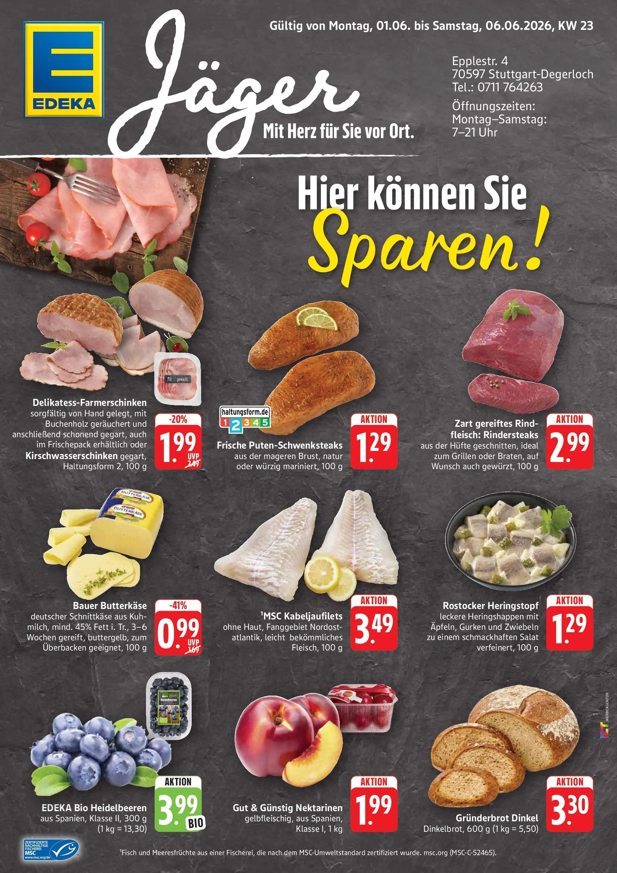 Edeka prospekt Stuttgart-Degerloch (ab 01.06.2026) » Angebote Online | Seite: 1 | Produkte: Nektarinen, Fleisch, Gurken, Uhr
