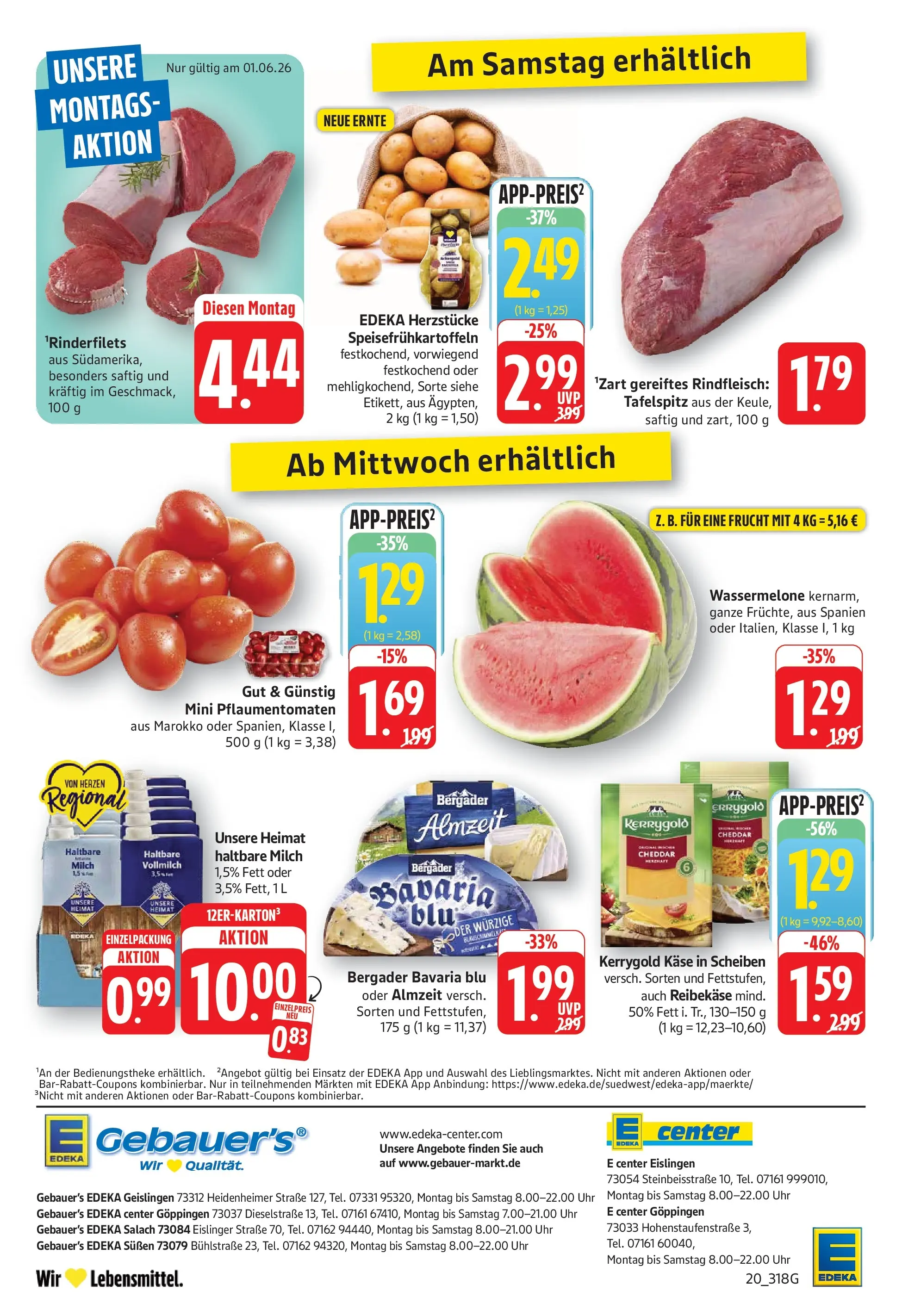 Edeka prospekt Göppingen (ab 01.06.2026) » Angebote Online | Seite: 20 | Produkte: Tafelspitz, Haltbare milch, Reibekase, Uhr