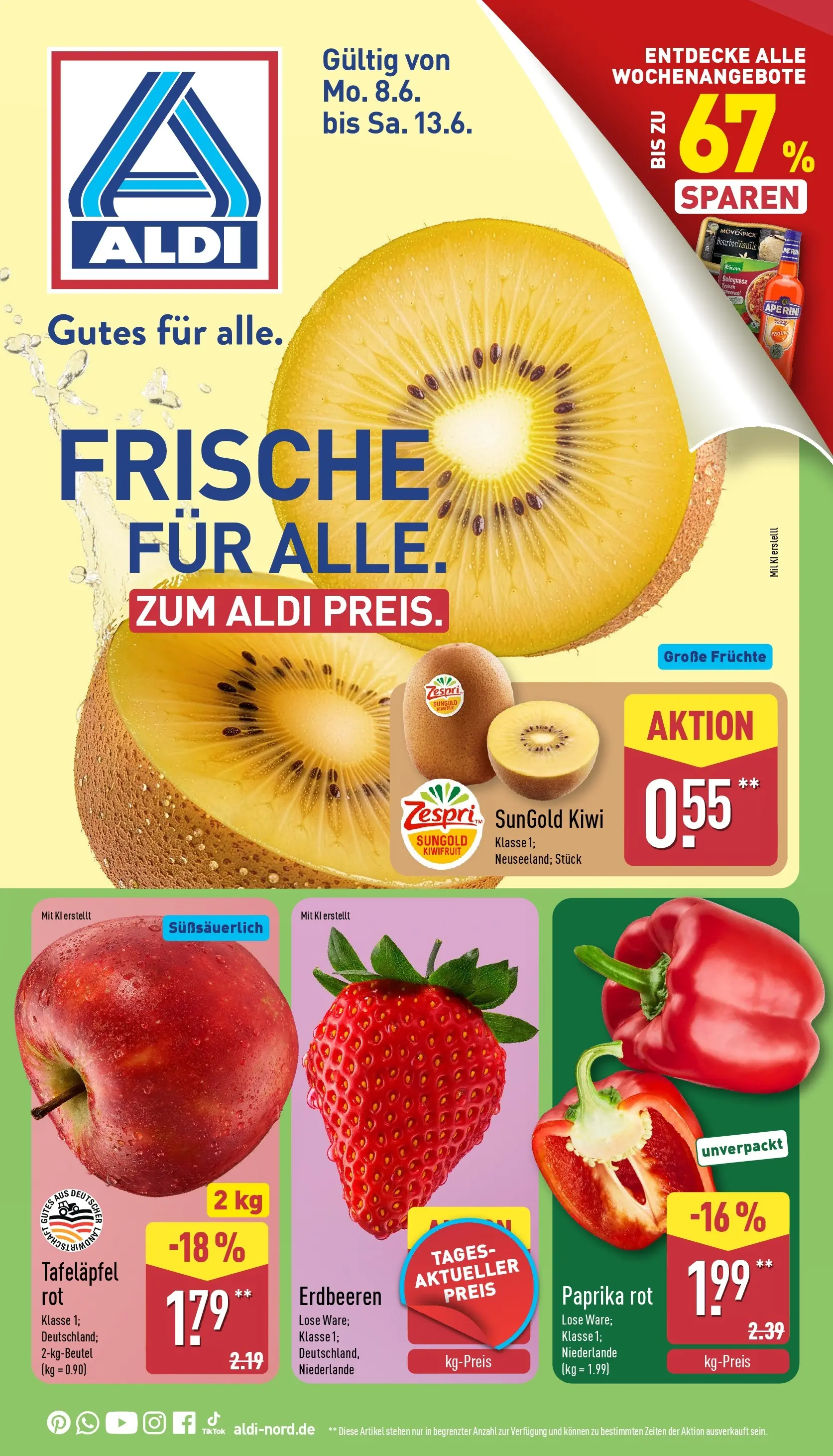 Aldi - ALDI Nord: Wochenangebote (ab 07.06.2026) » Angebote Online | Seite: 1 | Produkte: Paprika rot, Paprika, Erdbeeren, Kiwi