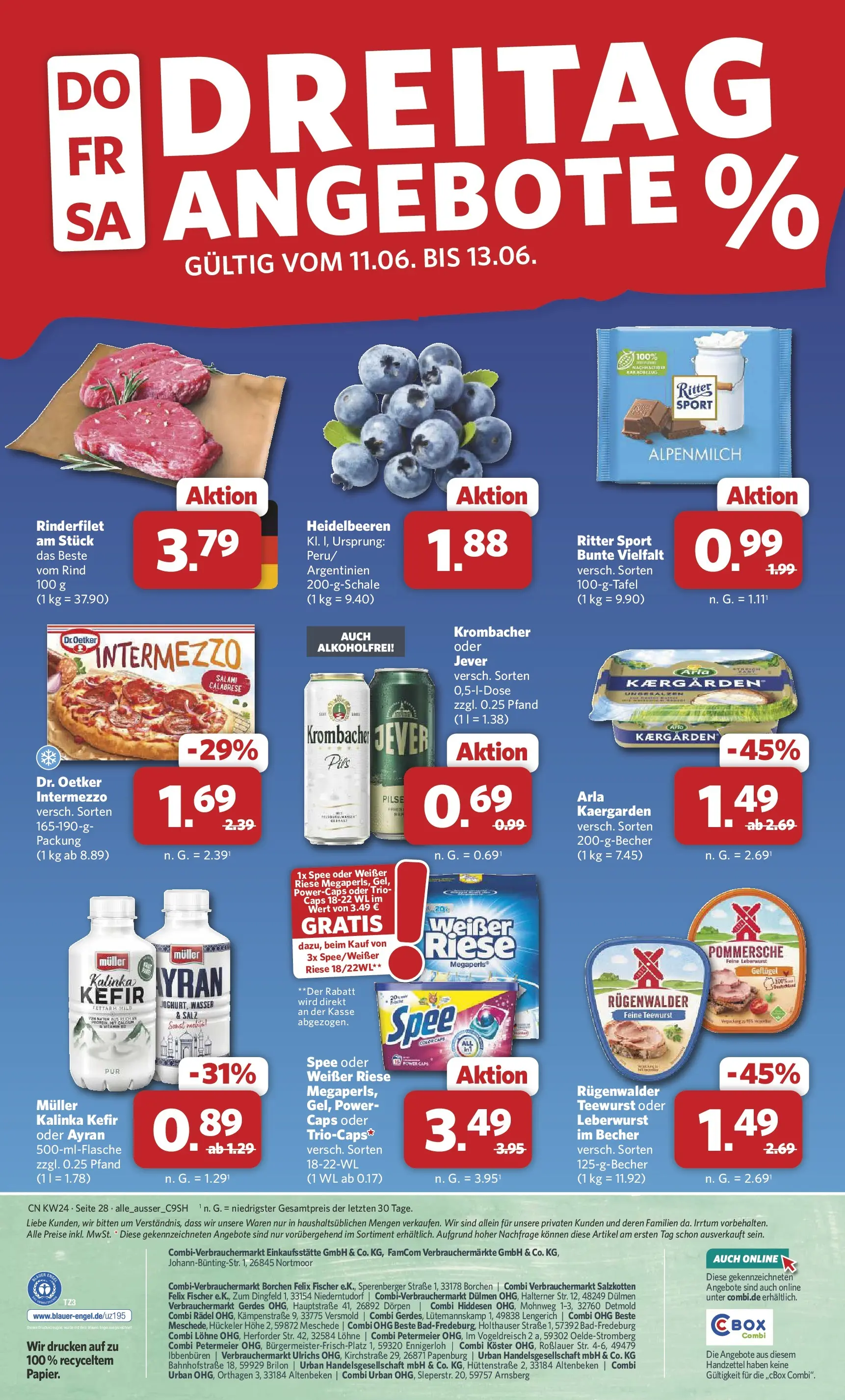 Combi Prospekt Detmold (ab 08.06.2026) zum Blättern | Seite: 30 | Produkte: Rinderfilet, Spee, Jever, Salami