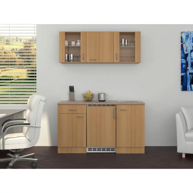 Minik&uuml;che m. K&uuml;hlschrank + Kochfeld 150 cm Creme/Buche