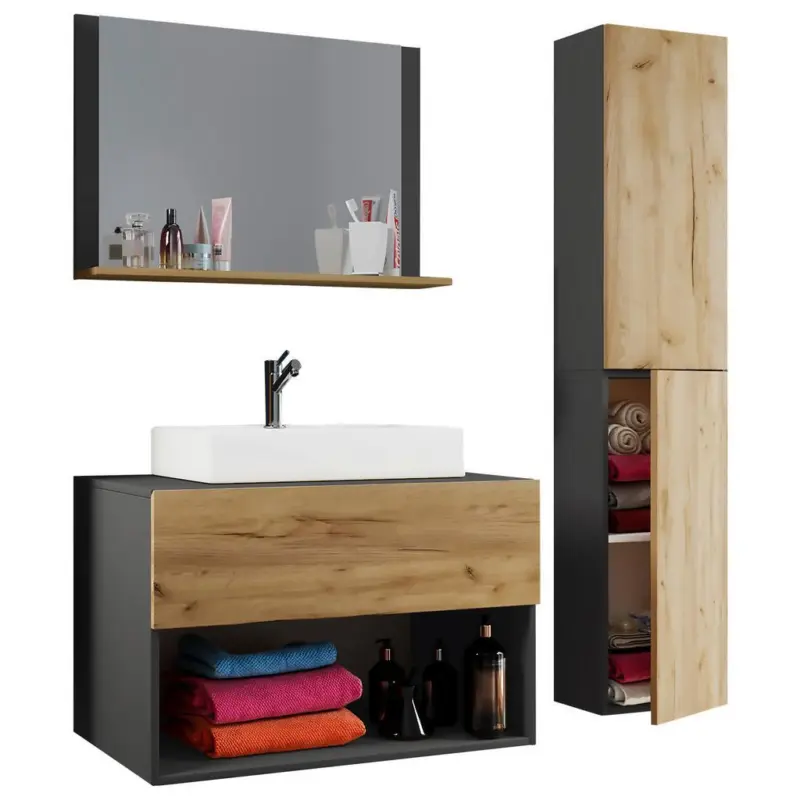 Badm&ouml;bel-Set 4--Teilig. Lendas B: 80 cm Anthrazit/Eiche Dekor