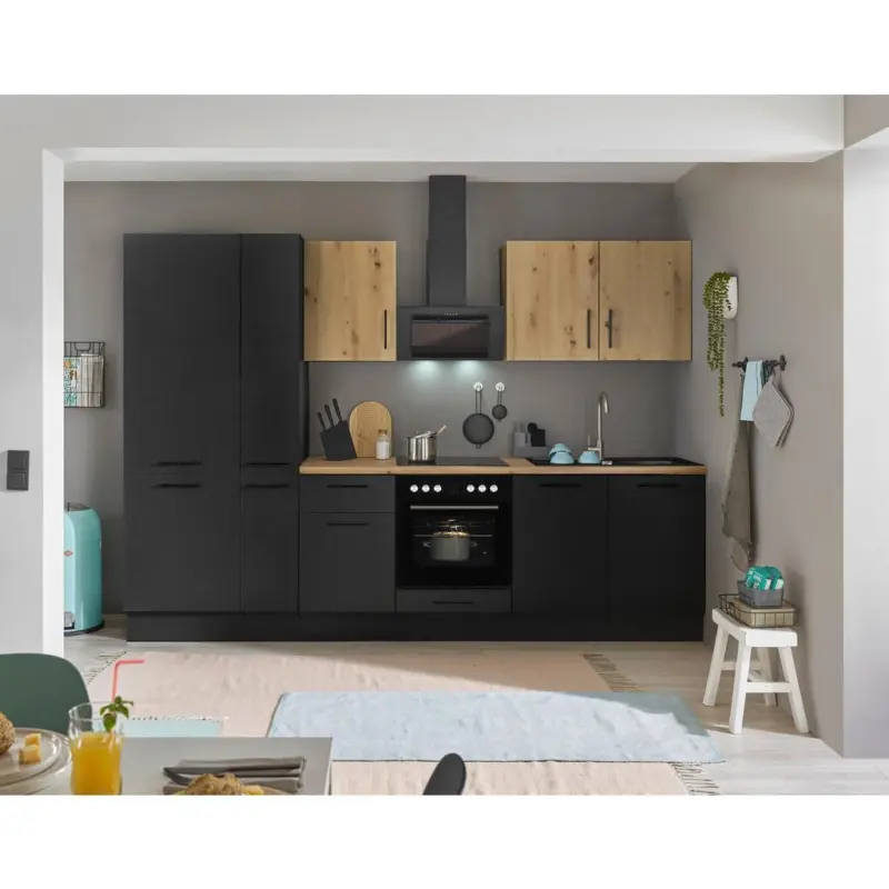 Einbauk&uuml;che K&uuml;chenblock M&ouml;belix Turin Schwarz/Eiche Dekor B: 300 cm