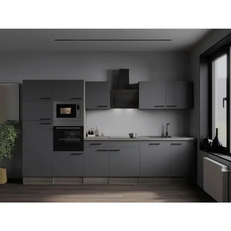 K&uuml;chenzeile Oliver mit Ger&auml;ten 340 cm Grau, Eiche