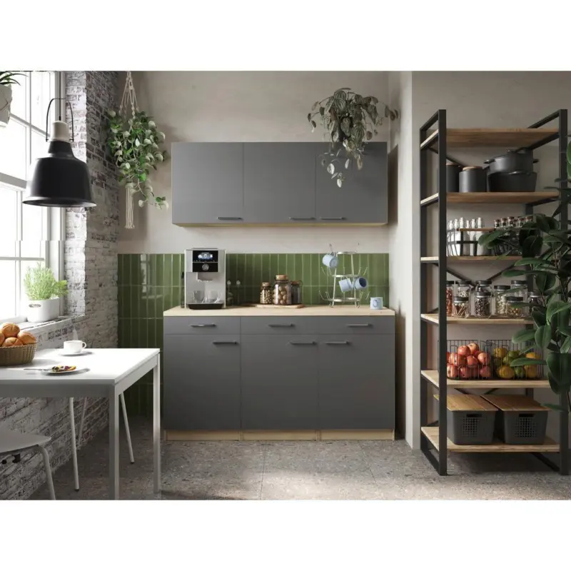 MINIK&Uuml;CHE Merle Grau/Eiche Dekor B:150cm