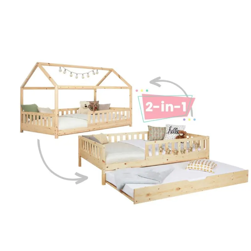 Bodenbett 100/200 cm in Naturfarben und Zusatzbett