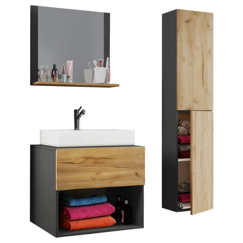 Badm&ouml;bel-Set 4--Teilig. Lendas B: 60 cm Anthrazit/Eiche Dekor