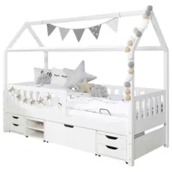 Hausbett 200x90 cm Wei&szlig; mit Stauraum