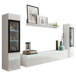 Wohnkombination modern 4--Teilig. mit LED Vera Wei&szlig; Hochglanz