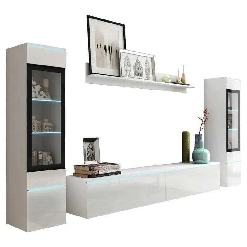 Wohnkombination modern 4--Teilig. mit LED Vera Wei&szlig; Hochglanz