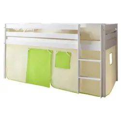 Kinderbett Malte 90x200cm Holz massiv Wei&szlig;/Gr&uuml;n mit Vorhang