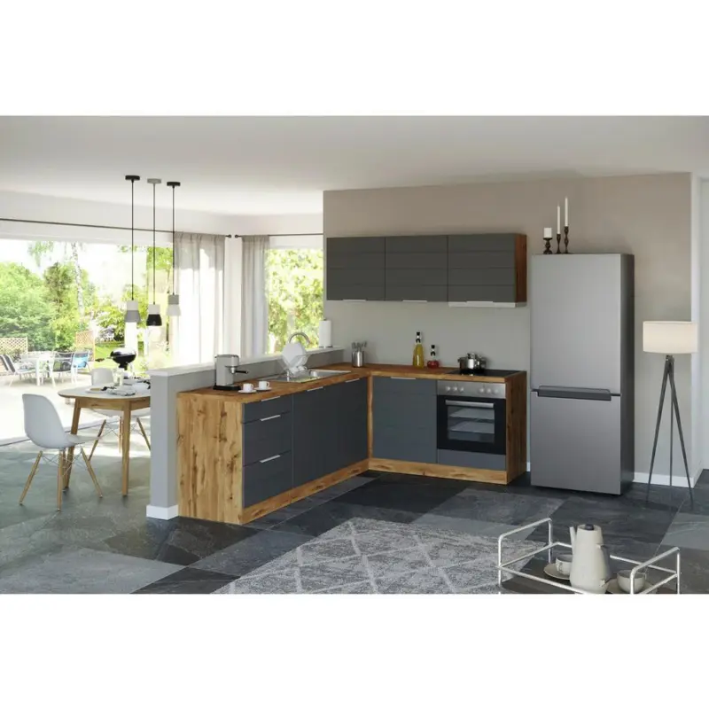 Einbauk&uuml;che Eckk&uuml;che M&ouml;belix Florenz mit Ger&auml;te 240x180 cm Grau/Eiche Dekor