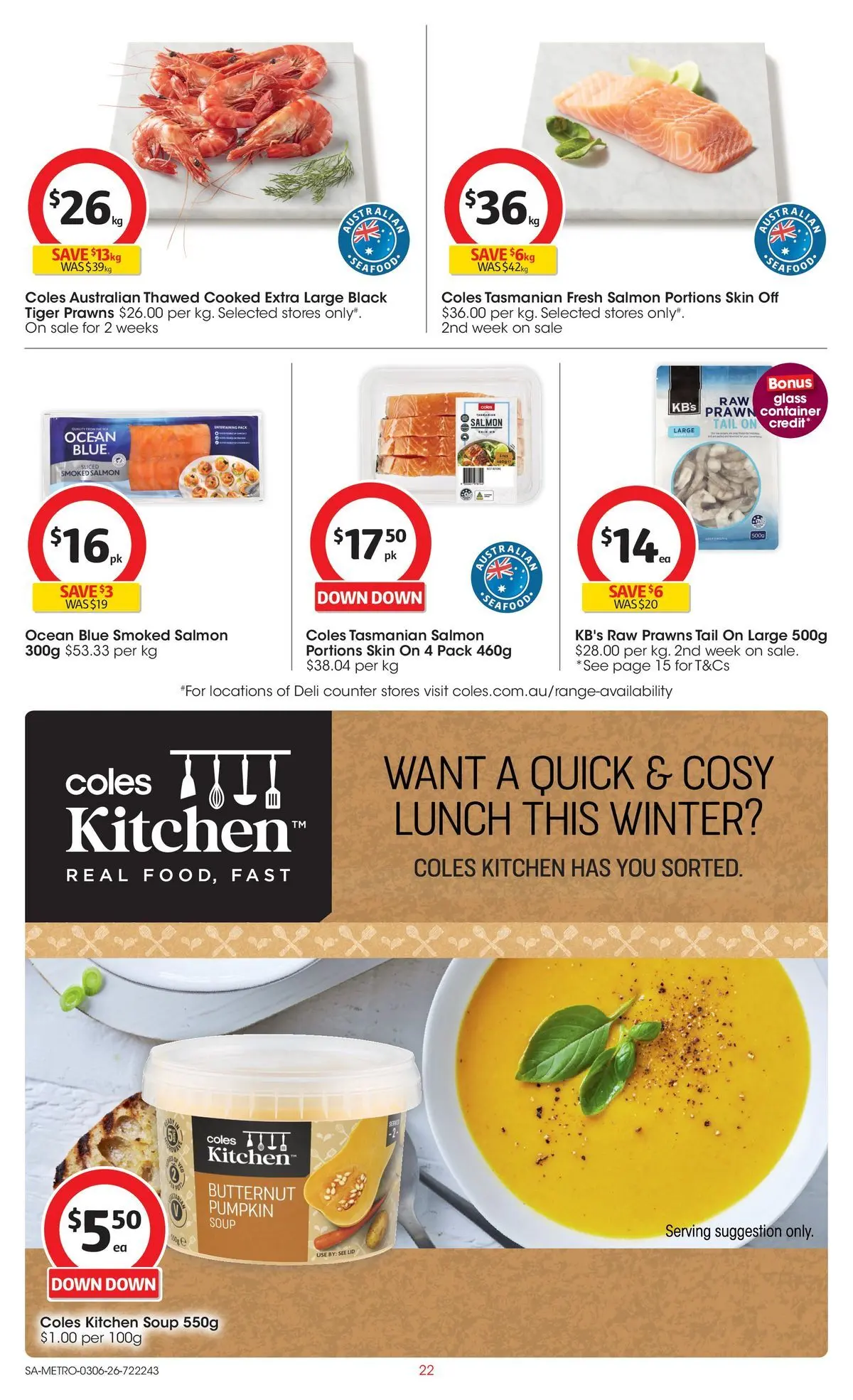 ﻿Coles catalogue valid from 02/06/2026 > Online Australia | Page: 22 | Products: Prawns, Salmon, Soup, Pumpkin