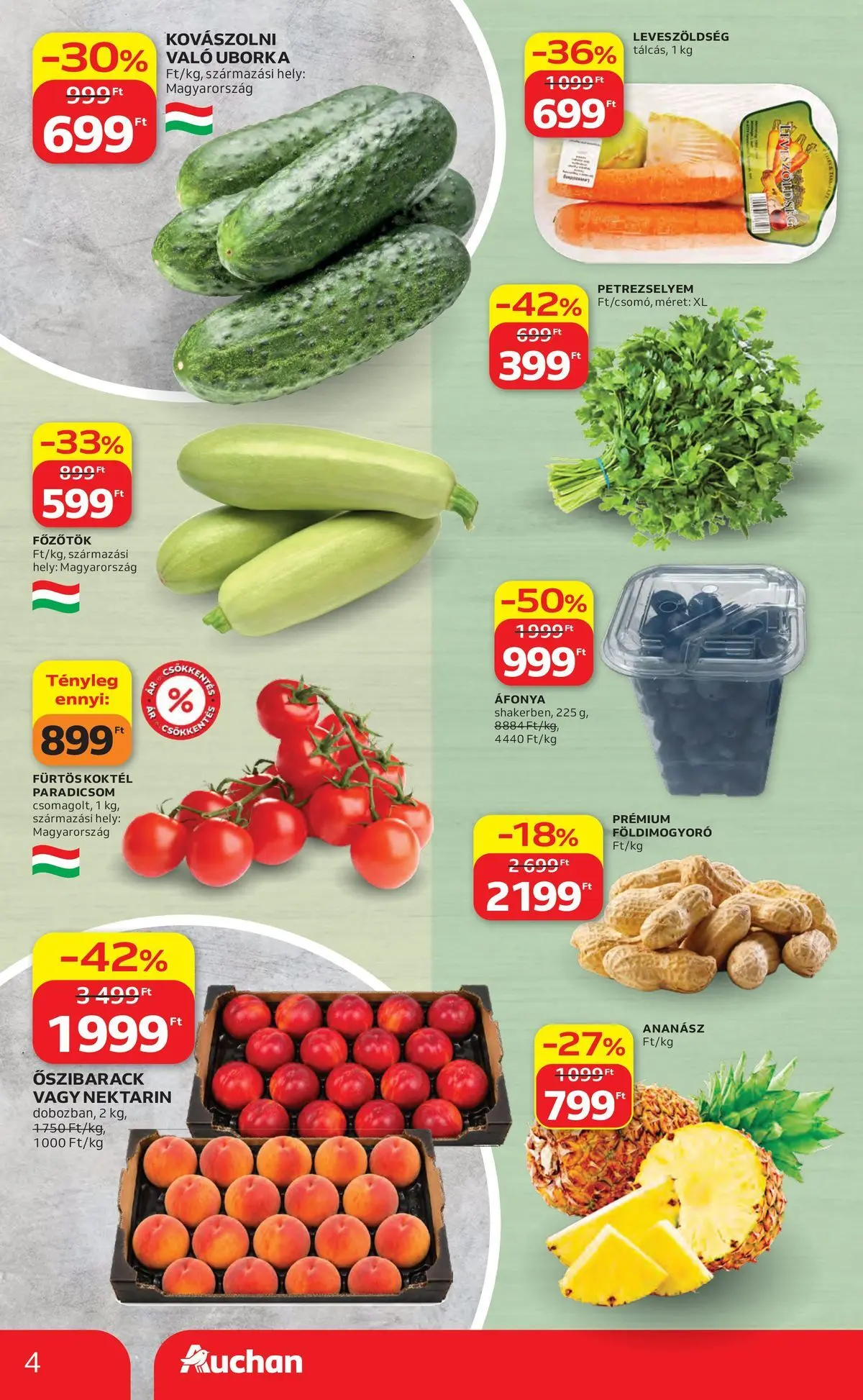 Auchan akciós újság Budapest - 2026.06.04. -tól/töl > akció, lapozható szórólap 🛍️ | Oldal: 4 | Termékek: Nektarin, Áfonya, Ananász, Uborka