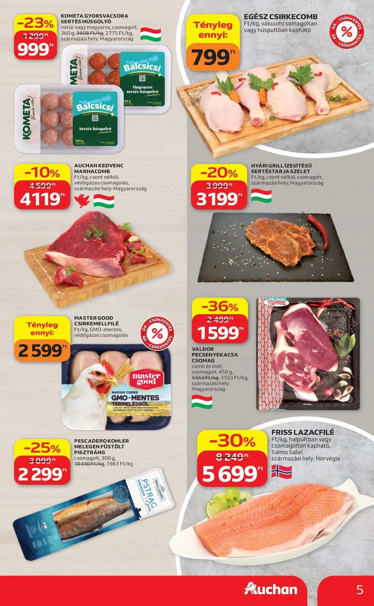 Auchan akciós újság Budapest - 2026.06.04. -tól/töl > akció, lapozható szórólap 🛍️ | Oldal: 5 | Termékek: Sertéstarja, Pisztráng, Lazacfilé, Csirkecomb