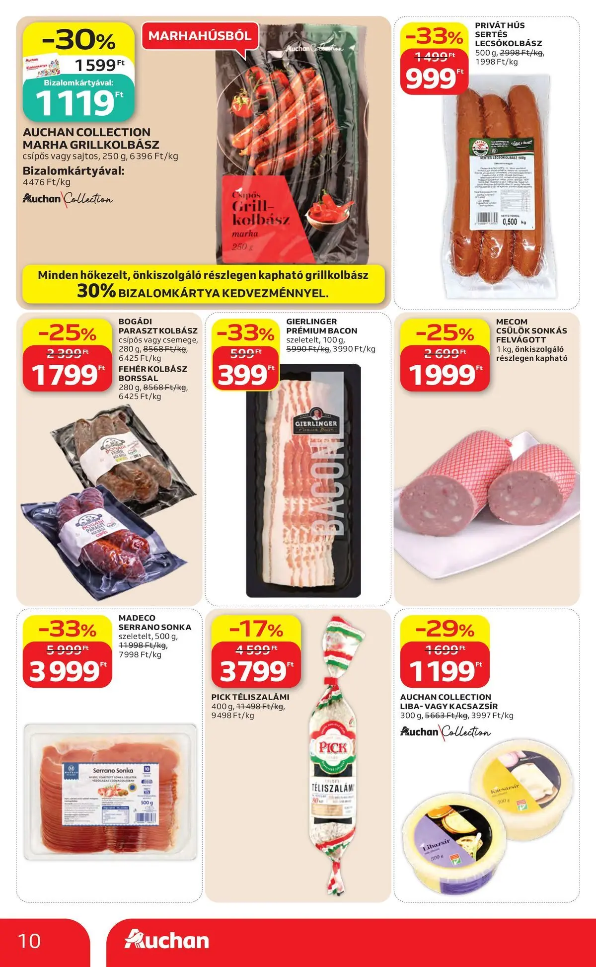 Auchan akciós újság Budapest - 2026.06.04. -tól/töl > akció, lapozható szórólap 🛍️ | Oldal: 10 | Termékek: Serrano sonka, Liba, Pick téliszalámi, Bacon