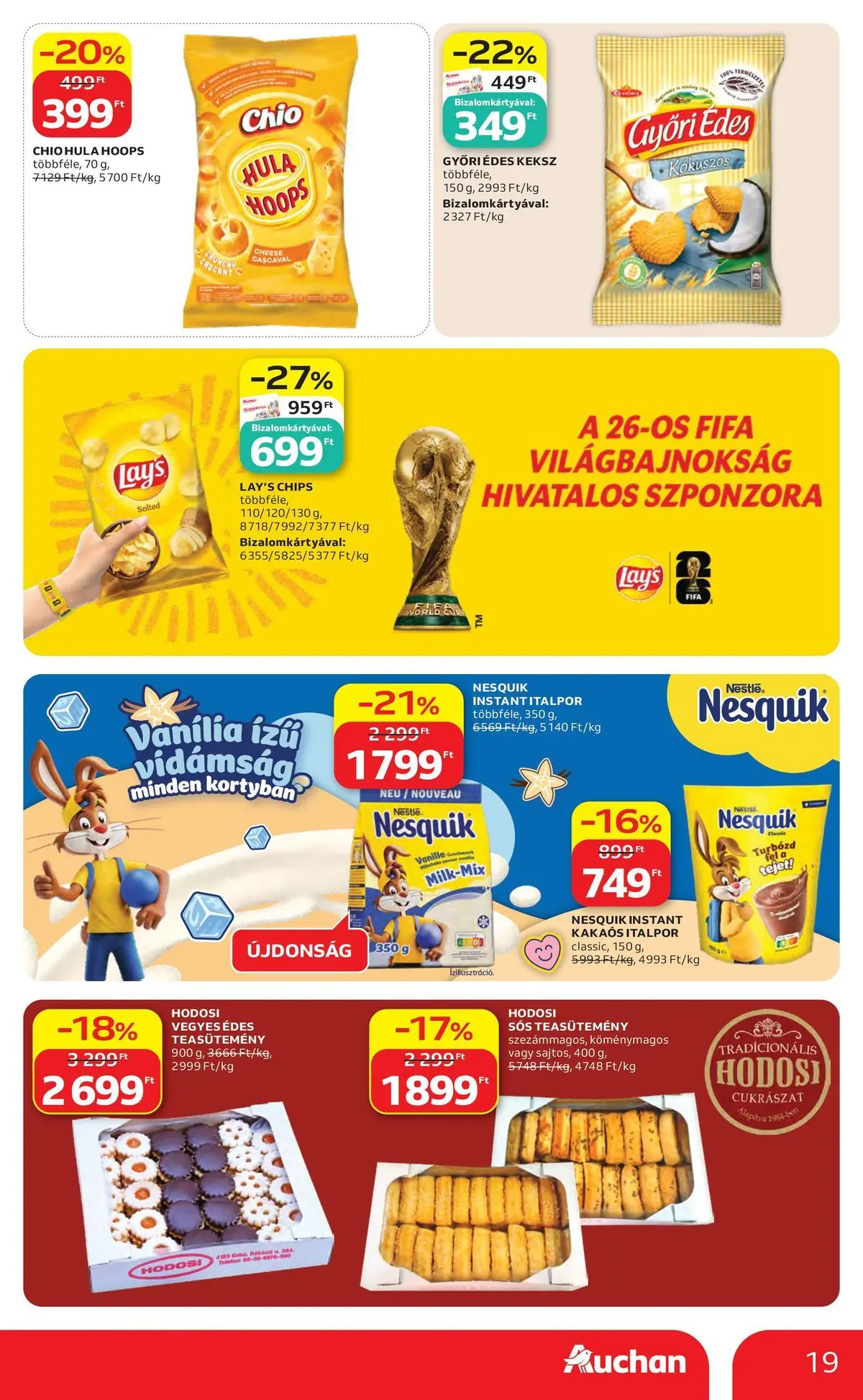 Auchan akciós újság Budapest - 2026.06.04. -tól/töl > akció, lapozható szórólap 🛍️ | Oldal: 19 | Termékek: Chips, Nesquik, Italpor, Keksz