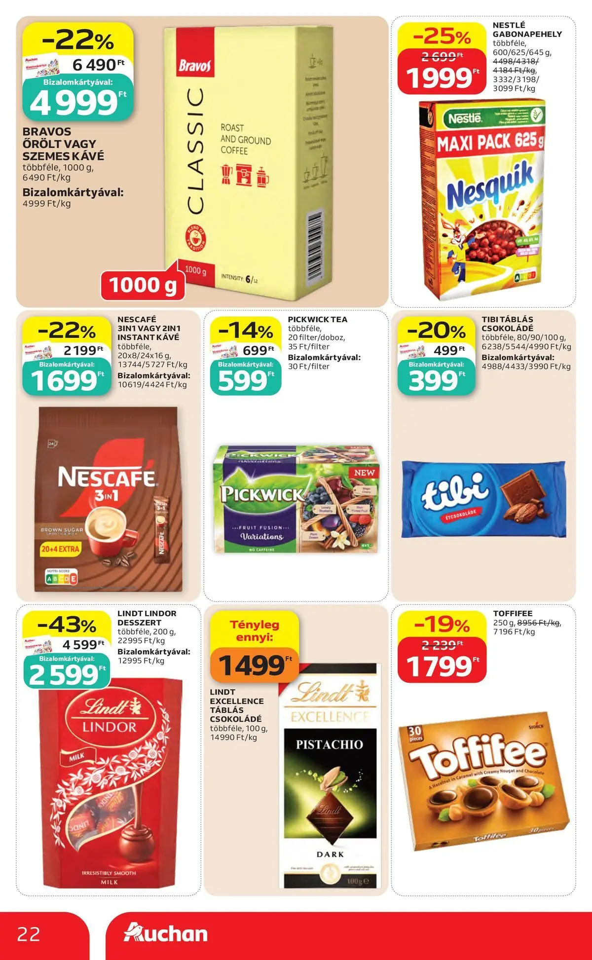 Auchan akciós újság Budapest - 2026.06.04. -tól/töl > akció, lapozható szórólap 🛍️ | Oldal: 22 | Termékek: Étcsokoládé, Toffifee, Szemes kávé, Instant kávé