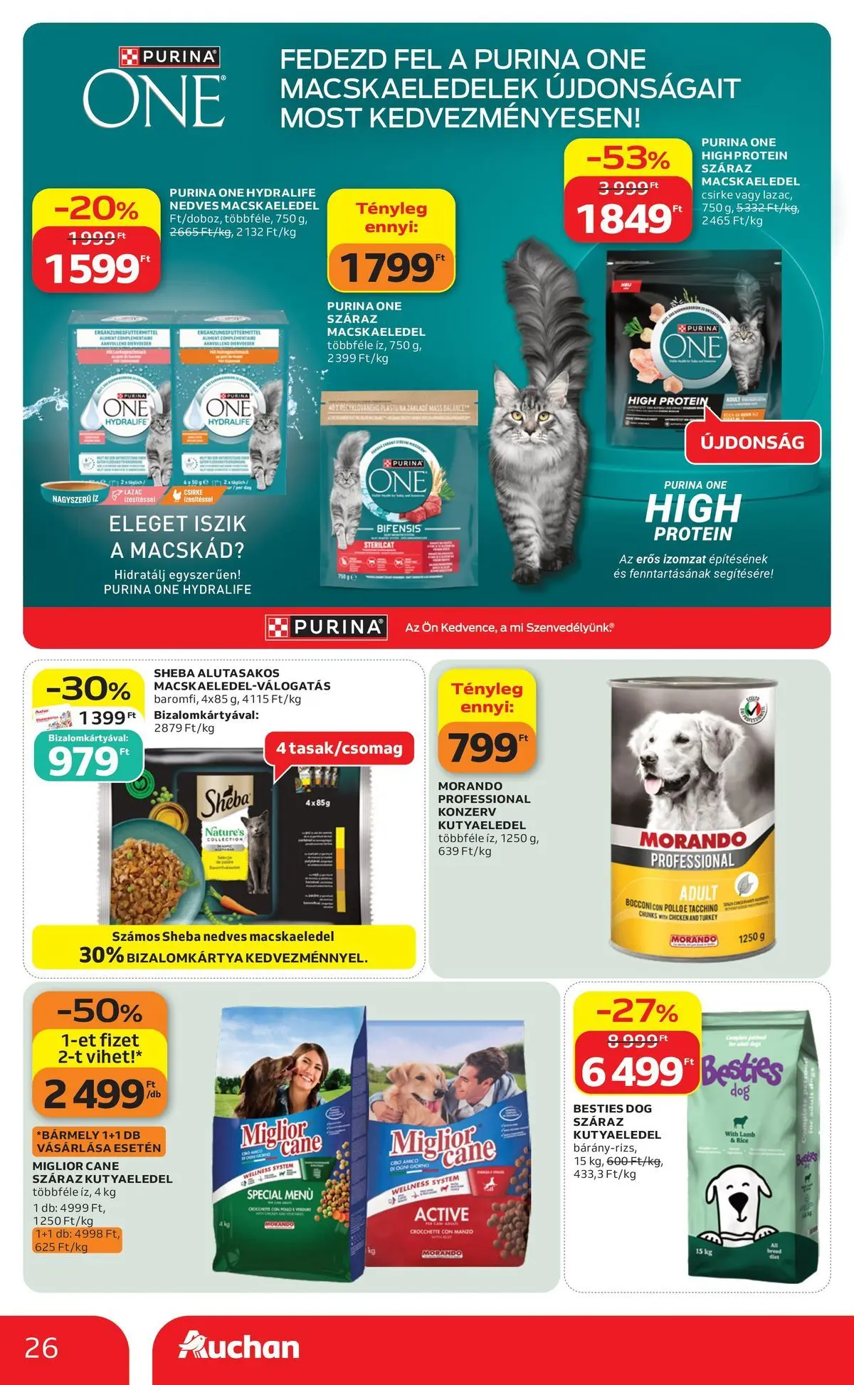 Auchan akciós újság Budapest - 2026.06.04. -tól/töl > akció, lapozható szórólap 🛍️ | Oldal: 26 | Termékek: Kutyaeledel, Purina one, Protein, Lazac