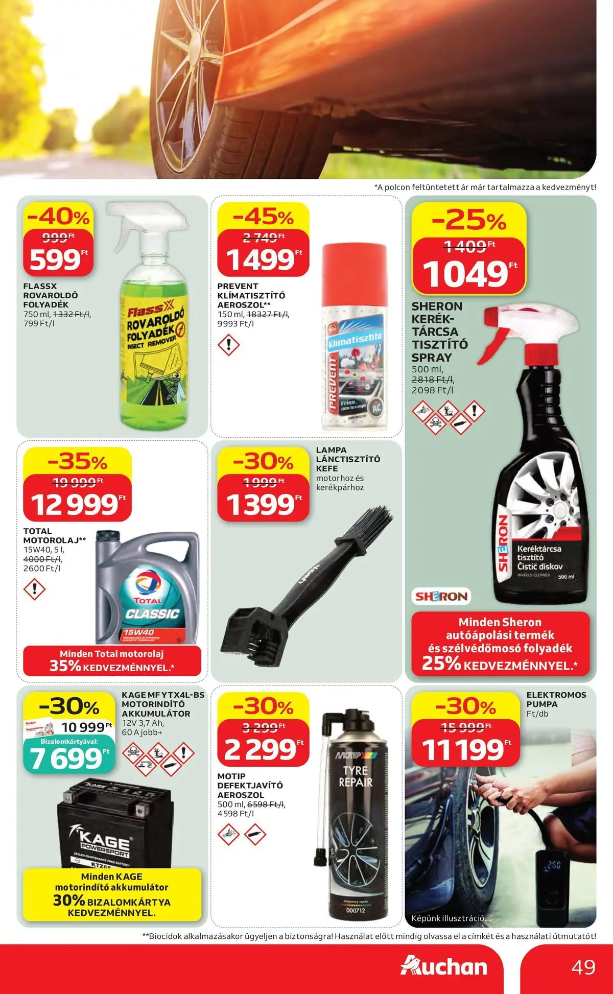 Auchan akciós újság Budapest - 2026.06.04. -tól/töl > akció, lapozható szórólap 🛍️ | Oldal: 49 | Termékek: Akkumulátor, Lámpa, Motorolaj, Kefe