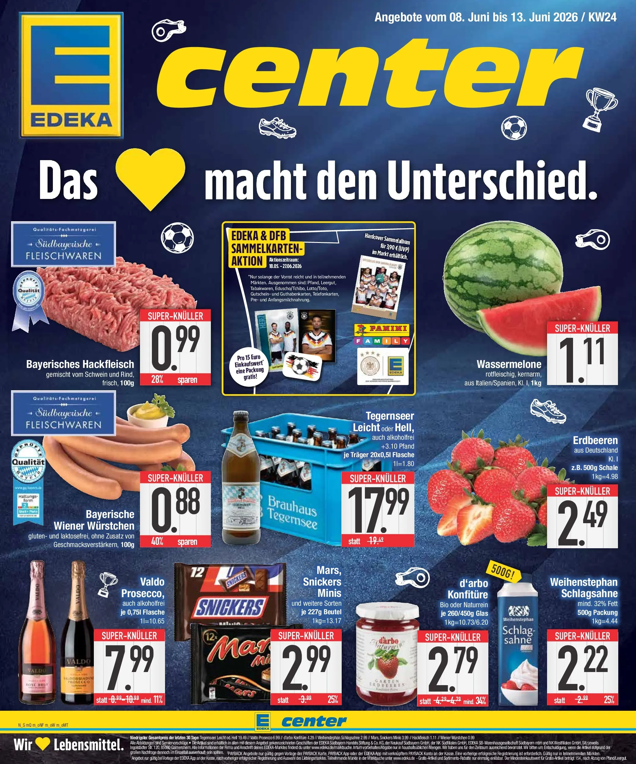 Edeka prospekt Abensberg (ab 07.06.2026) » Angebote Online | Seite: 1 | Produkte: Wiener wurstchen, Schlagsahne, Snickers, Prosecco