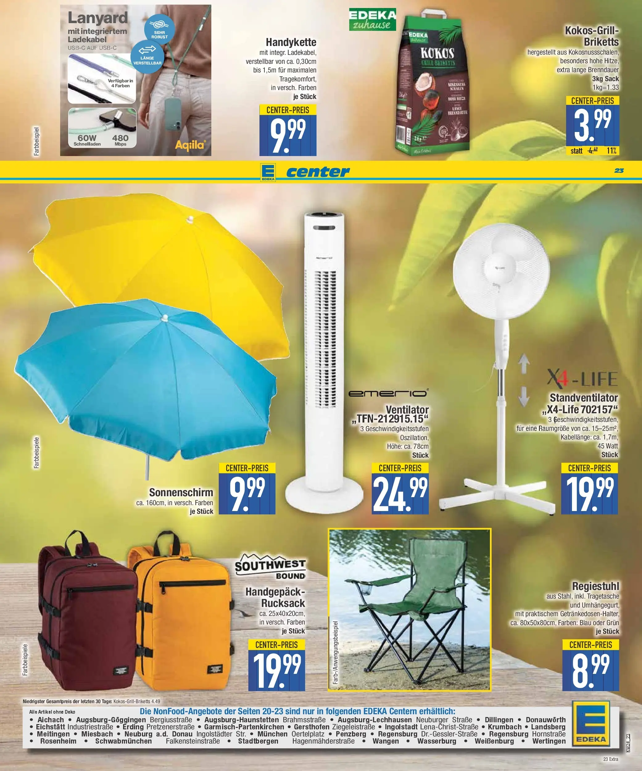 E center Prospekt Krumbach (ab 08.06.2026) zum Blättern | Seite: 23 | Produkte: Ventilator, Ladekabel, Sonnenschirm, Rucksack
