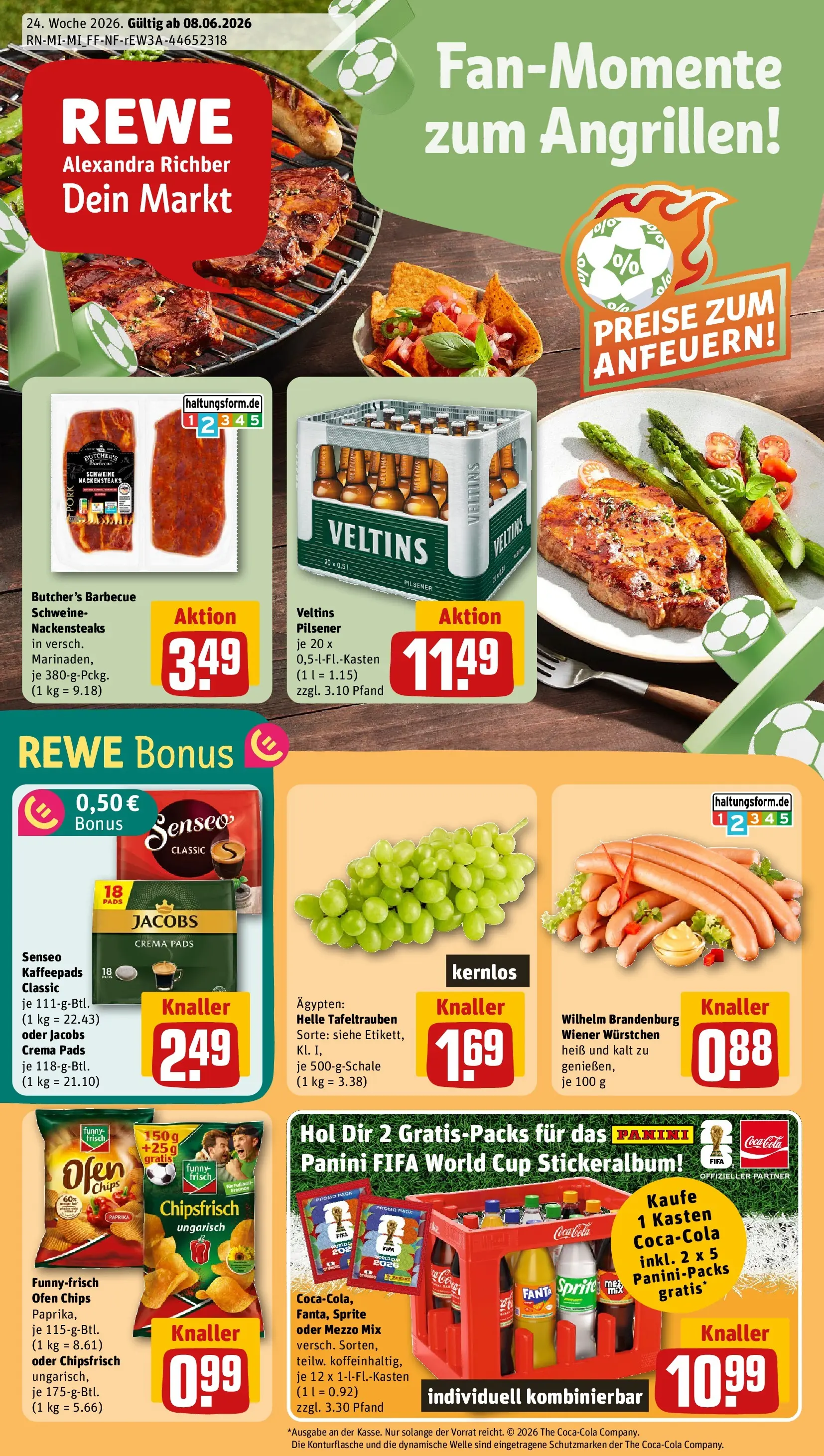 REWE Prospekt ab 08.06.2026 zum Blättern » Angebote | Seite: 1 | Produkte: Kaffeepads, Wiener wurstchen, Mezzo mix, Sprite