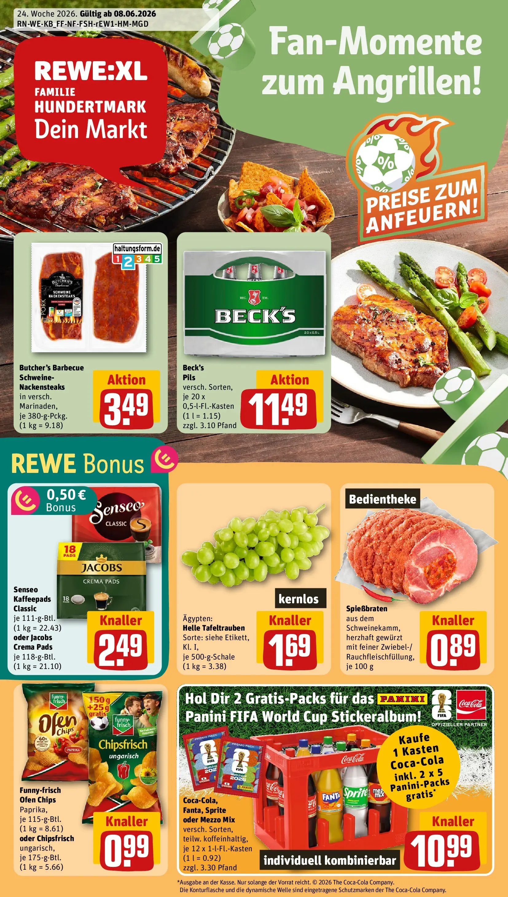 REWE Prospekt ab 08.06.2026 zum Blättern » Angebote | Seite: 1 | Produkte: Cola, Paprika, Oder mezzo mix, Chips