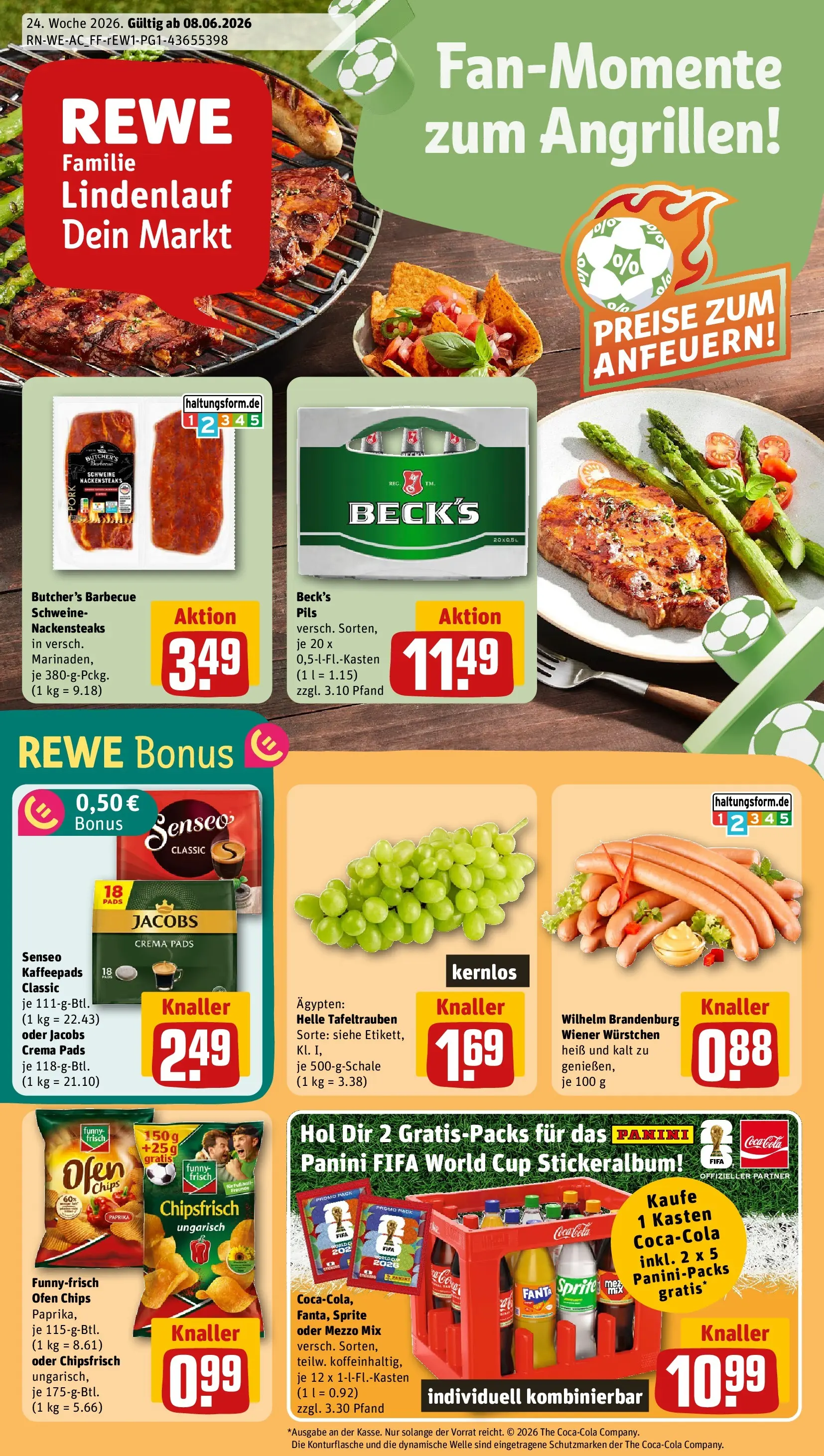 REWE Prospekt ab 08.06.2026 zum Blättern » Angebote | Seite: 1 | Produkte: Nackensteaks, Ofen, Kaffeepads, Mezzo mix