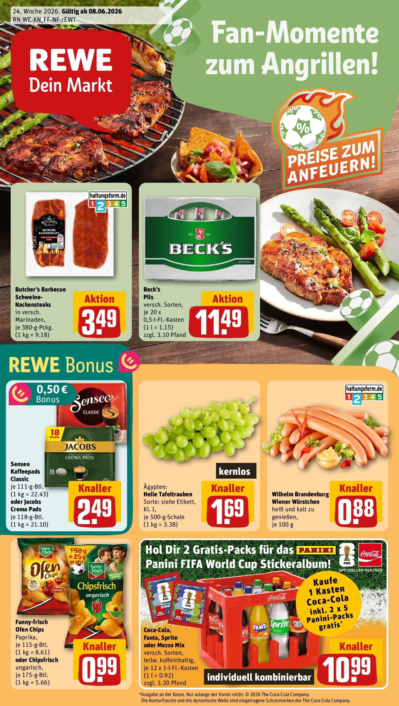 REWE Prospekt ab 08.06.2026 zum Blättern » Angebote | Seite: 1 | Produkte: Nackensteaks, Senseo, Coca cola, Sprite