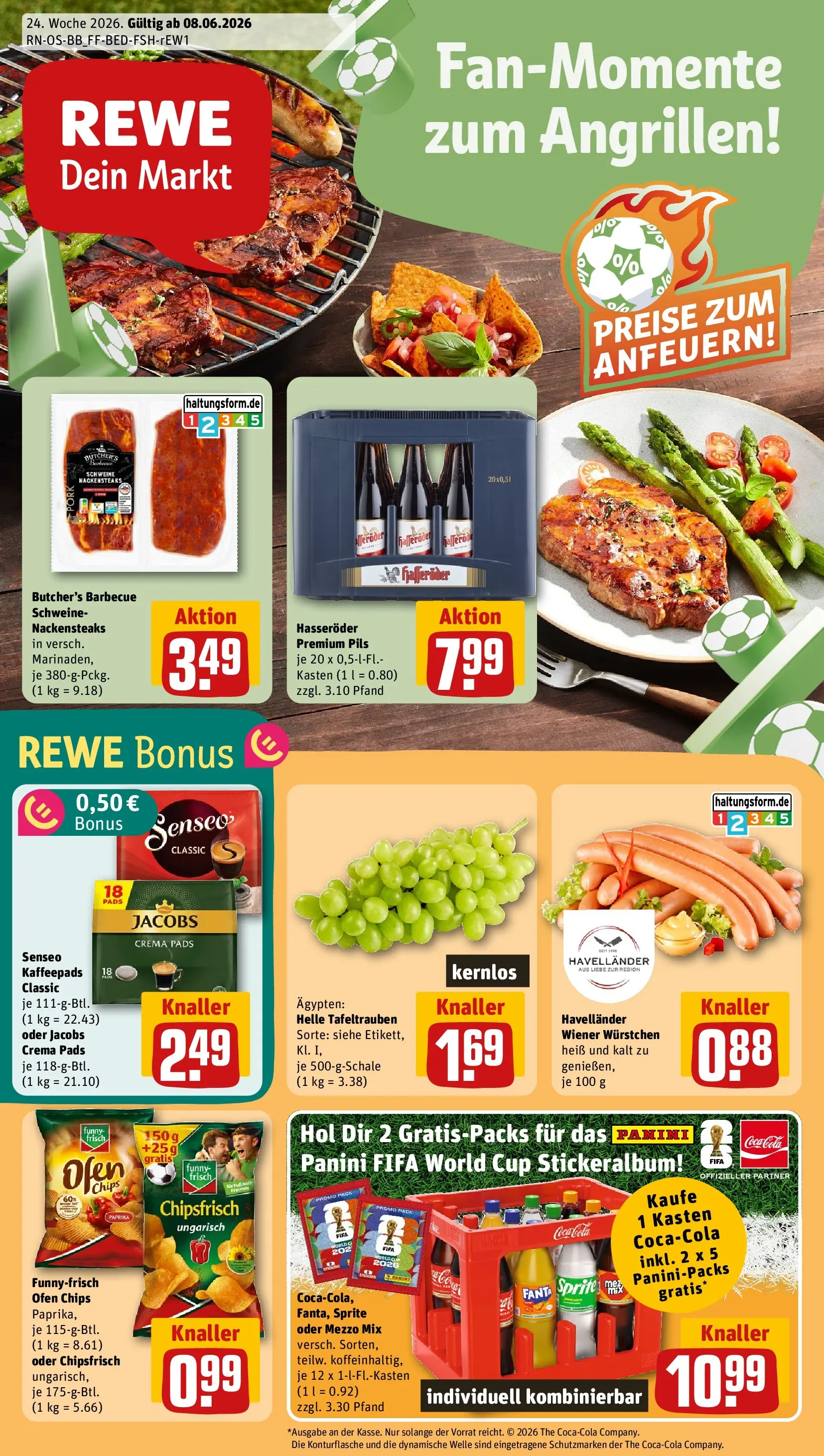 REWE Prospekt ab 08.06.2026 zum Blättern » Angebote | Seite: 1 | Produkte: Kaffeepads, Mezzo mix, Cola, Hasseröder