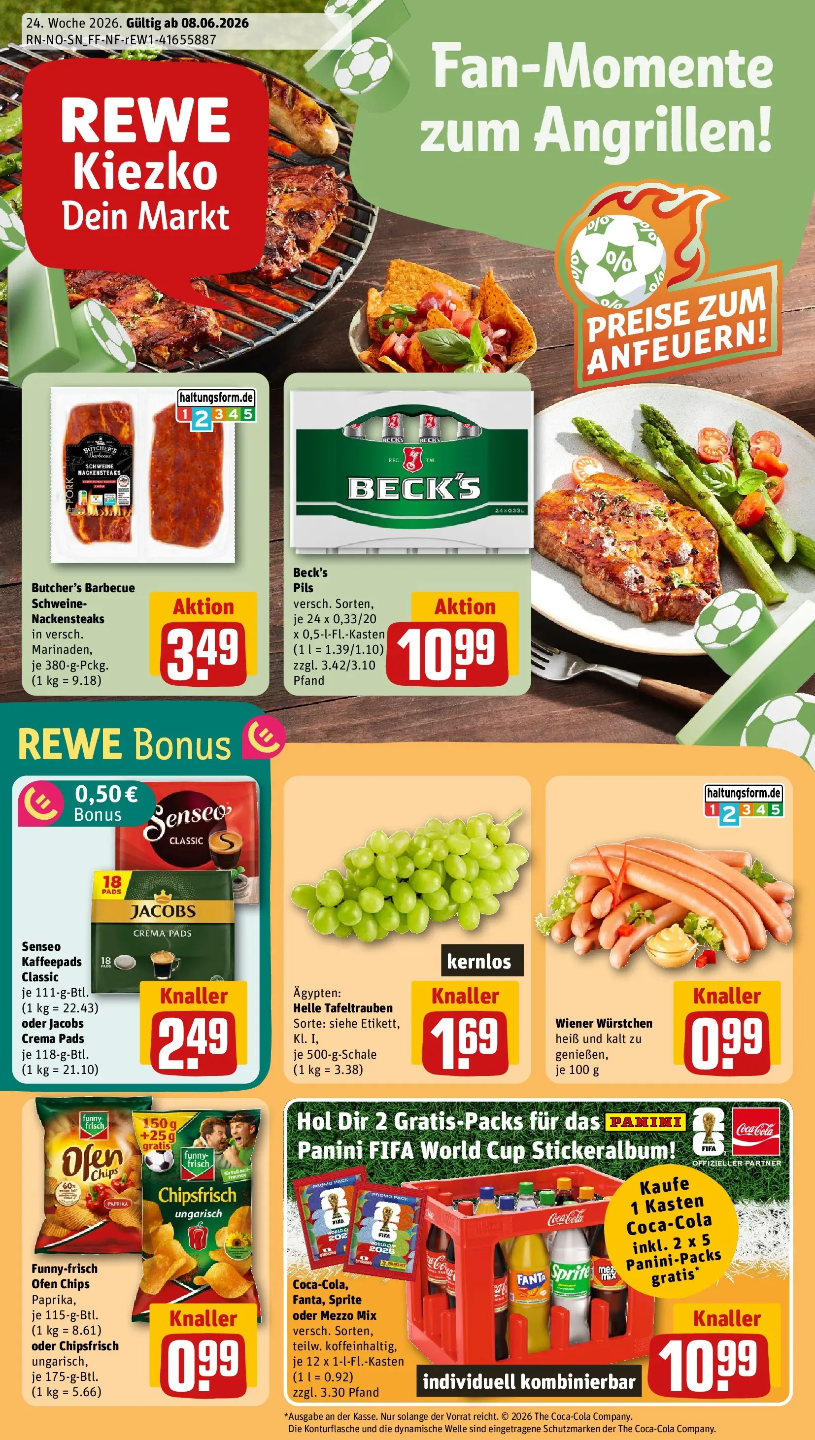 REWE Prospekt ab 08.06.2026 zum Blättern » Angebote | Seite: 1 | Produkte: Nackensteaks, Ofen, Coca cola, Paprika