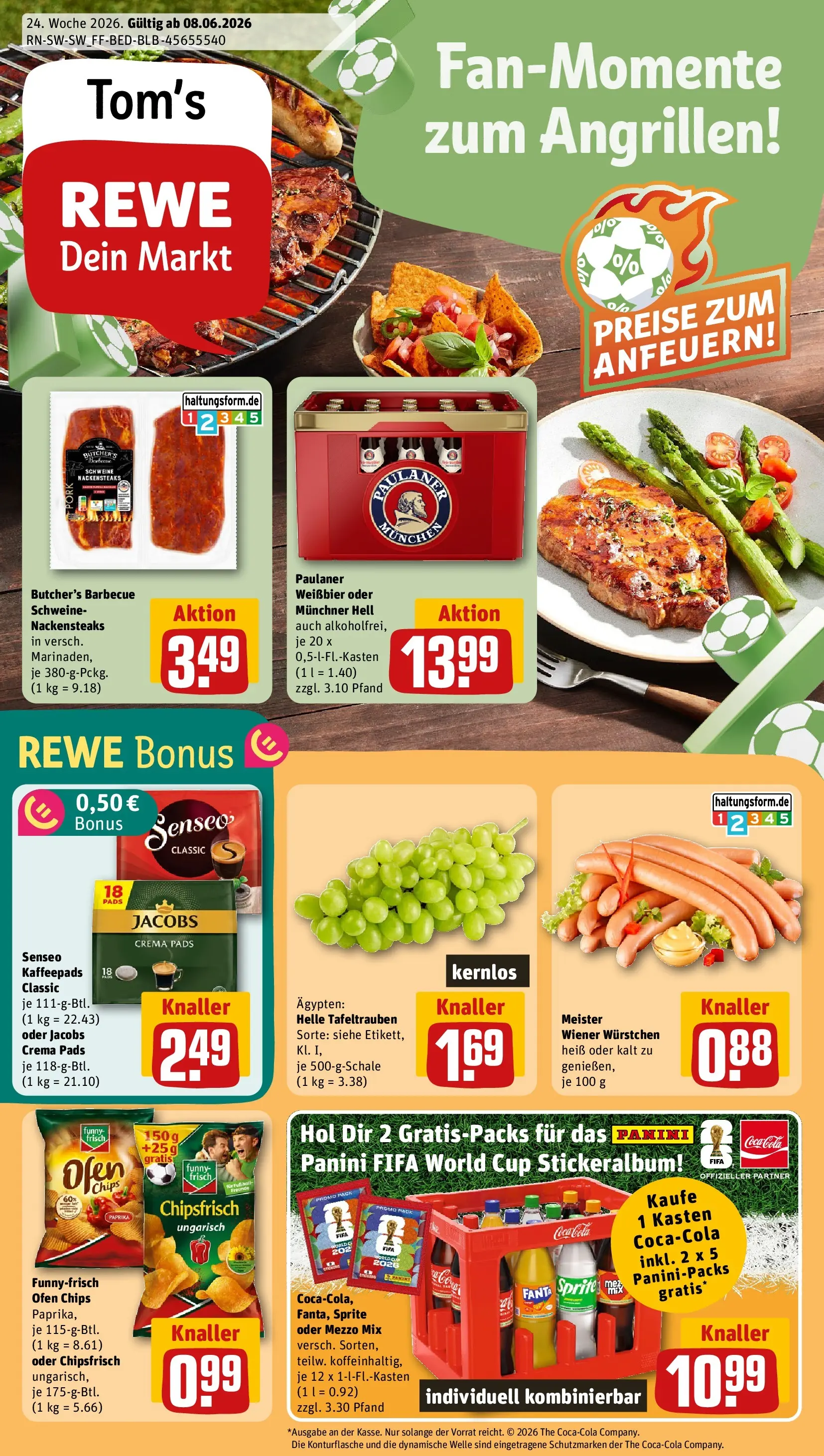 REWE Prospekt ab 08.06.2026 zum Blättern » Angebote | Seite: 1 | Produkte: Kaffeepads, Cola, Paprika, Paulaner