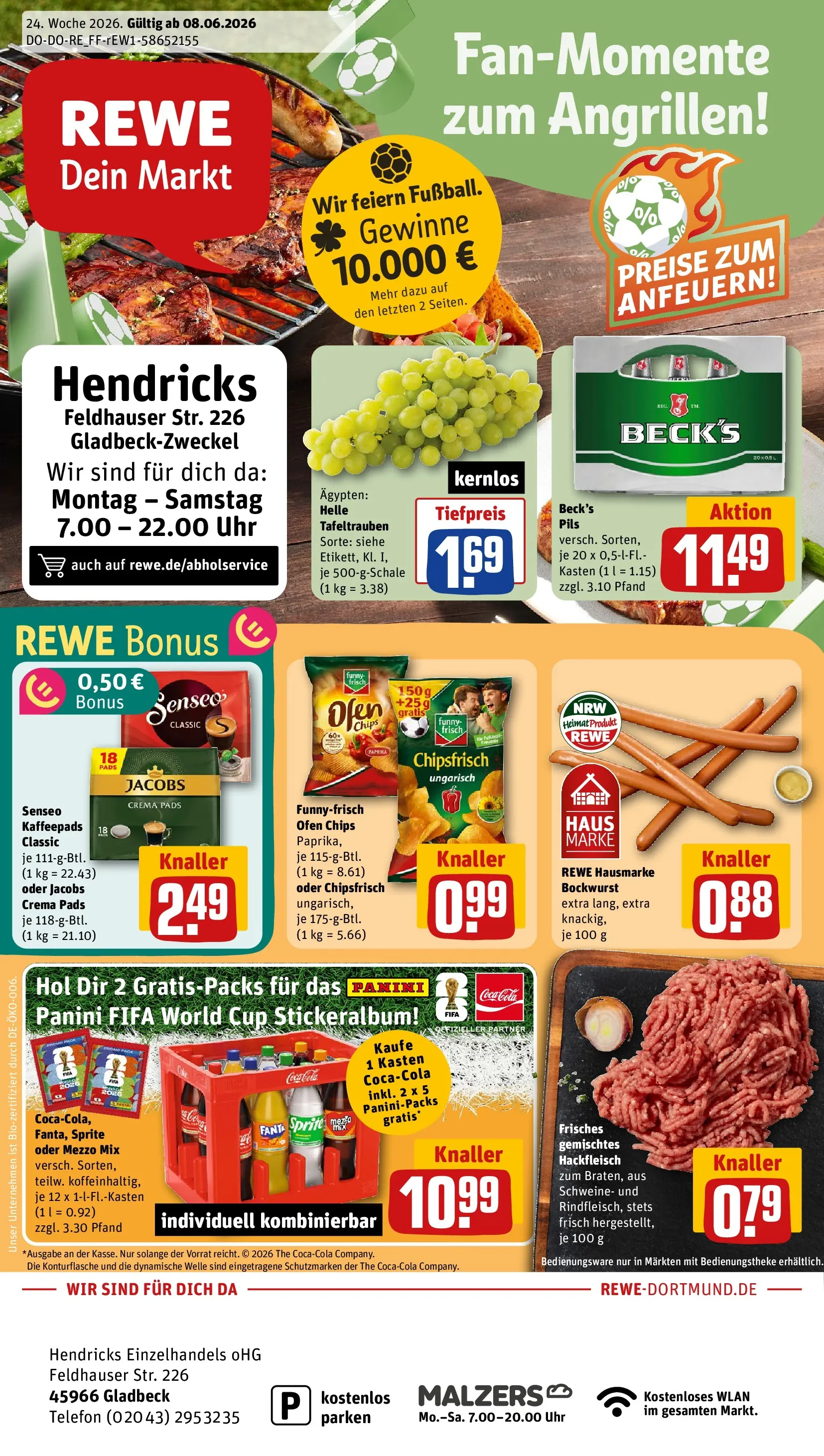 REWE Prospekt ab 08.06.2026 zum Blättern » Angebote | Seite: 1 | Produkte: Bockwurst, Ofen, Fanta, Sprite