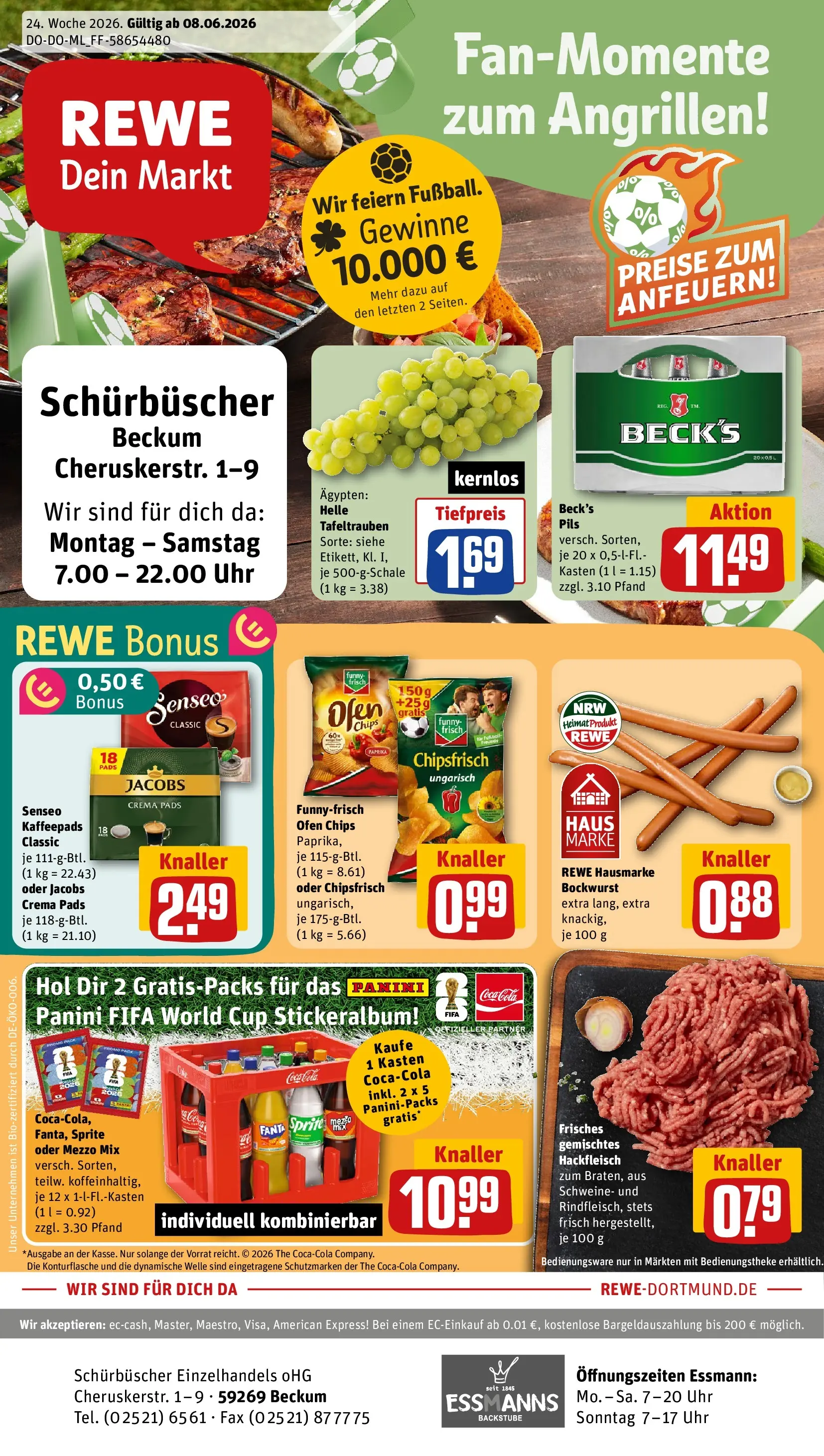 REWE Prospekt ab 08.06.2026 zum Blättern » Angebote | Seite: 1 | Produkte: Bockwurst, Fanta, Pils, Hackfleisch