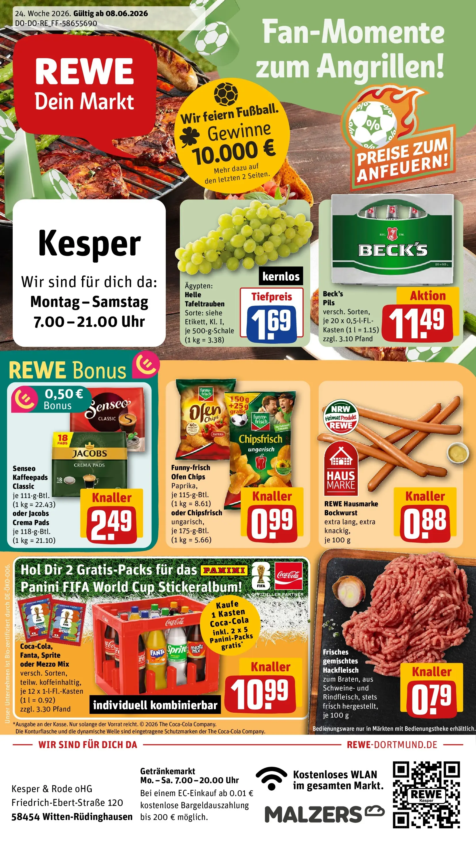 REWE Prospekt ab 08.06.2026 zum Blättern » Angebote | Seite: 1 | Produkte: Cola, Chips, Uhr, Hackfleisch