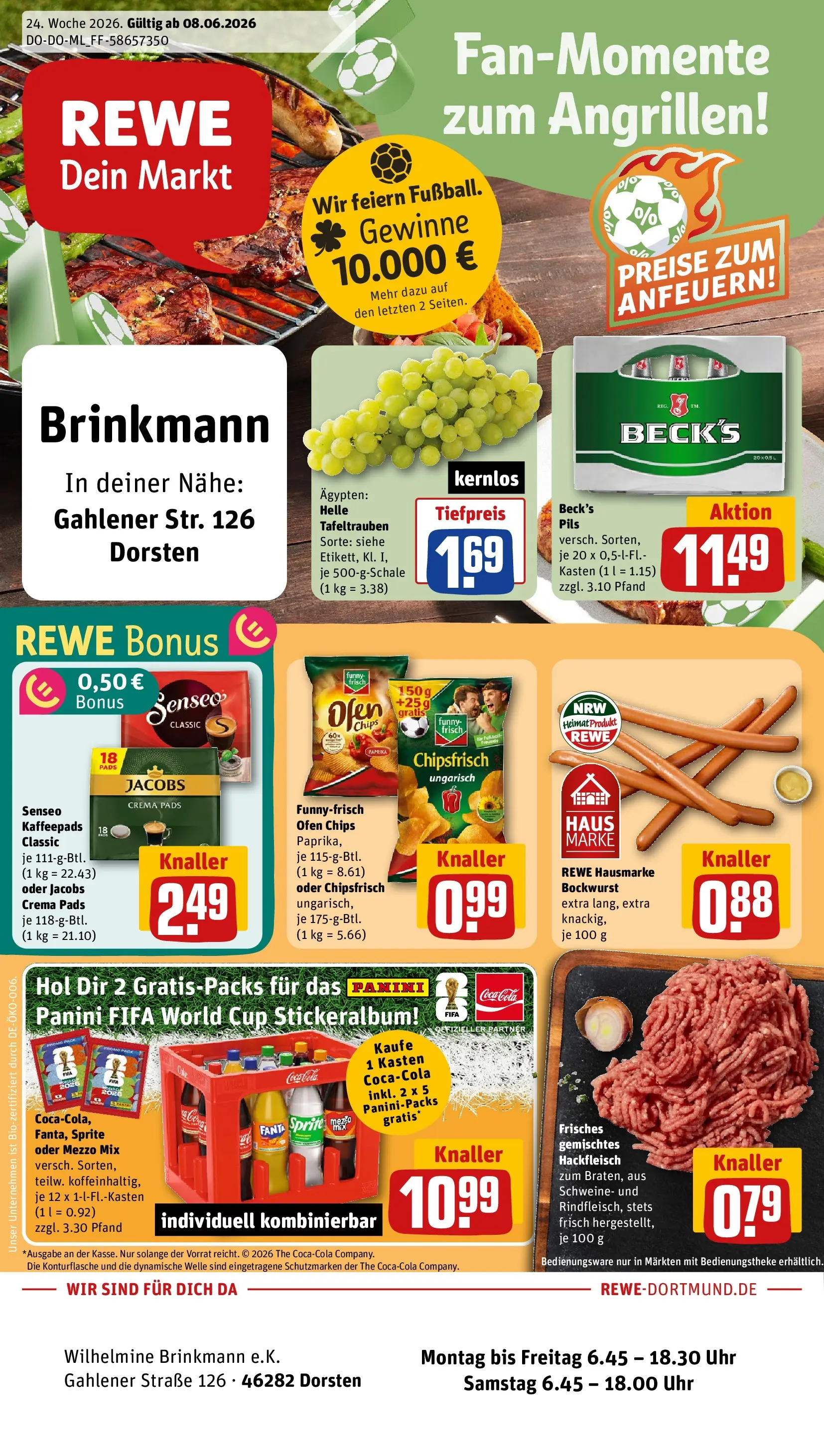 REWE Prospekt ab 08.06.2026 zum Blättern » Angebote | Seite: 1 | Produkte: Bockwurst, Senseo, Mezzo mix, Hackfleisch